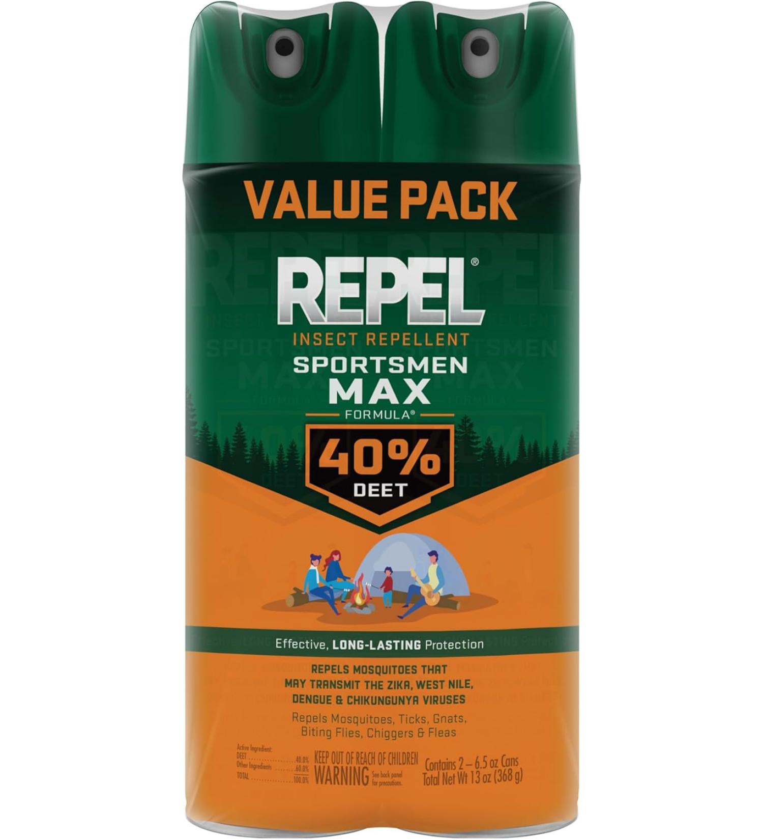 Repel Insect Repellent Sportsman Max 40% DEET Aerosol Spray (2 Pack) - Long-Lasting Protection from Mosquitoes, Ticks, and Gnats - 6.5 fl oz - Buy Online on GoSupps.com