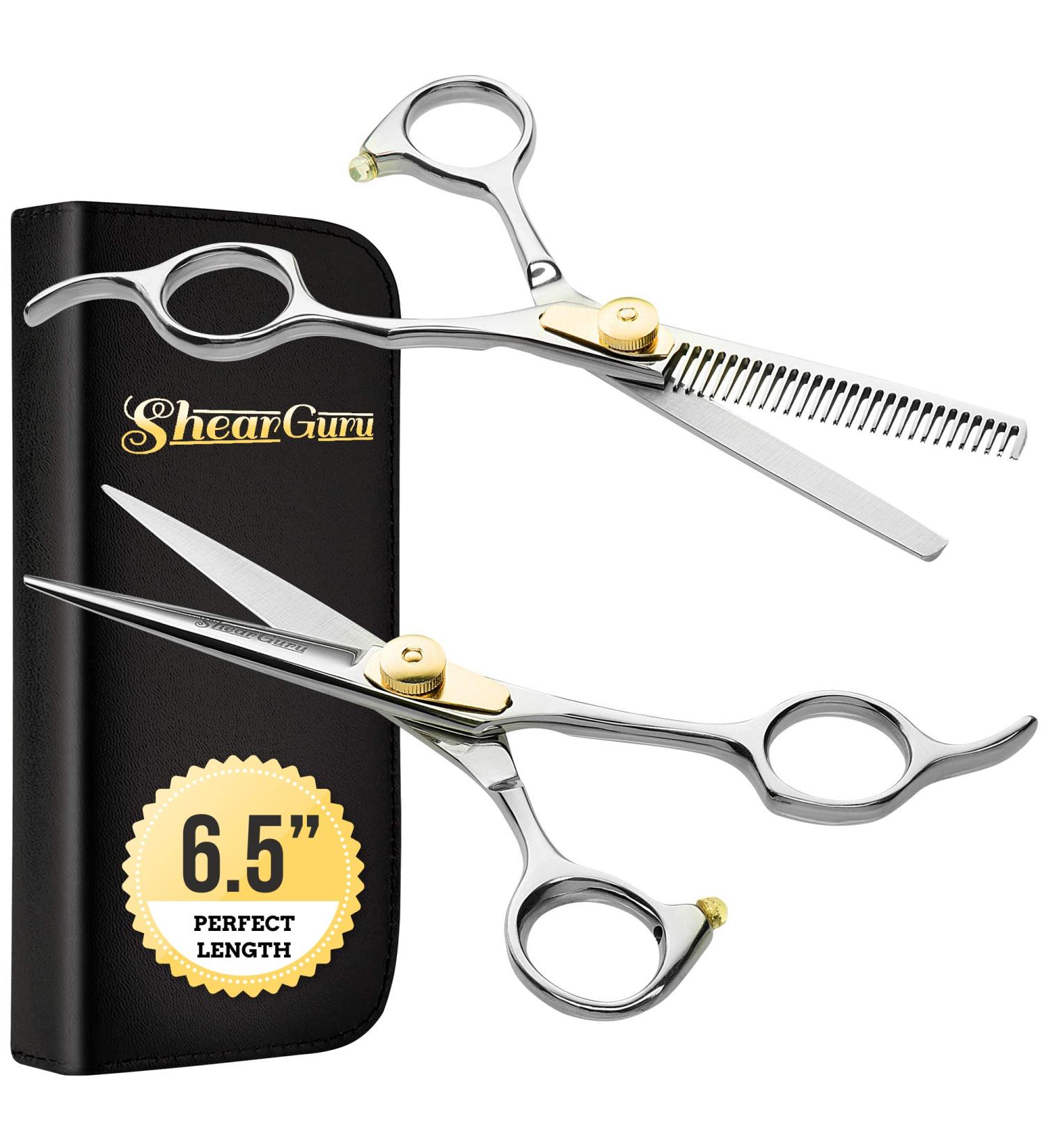 ShearGuru Professional Barber/Salon Scissor Hair Cutting Set - 6.5 Inch Straight Edge Razor Sharp Scissor + Thinning Shears for Styling - Bonus Faux Leather Case - Buy Online on GoSupps.com