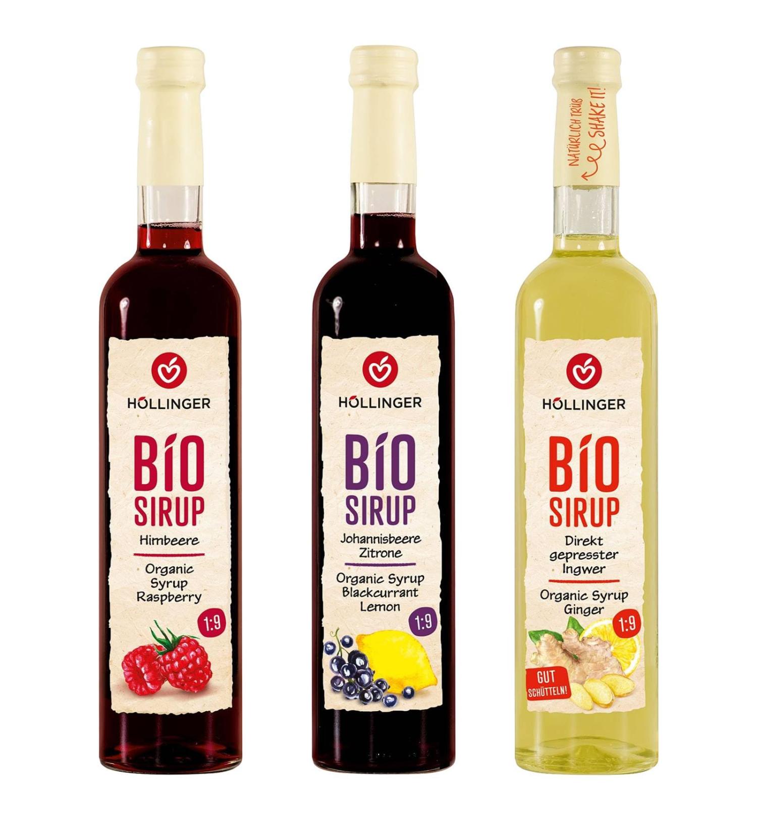 H llinger Bio Sirop Set 3 Bouteilles de 500ml Framboise Cassis-Citron et Gingembre Ratio de Dilution 1:9 Sans Alcool - Buy Online on GoSupps.com