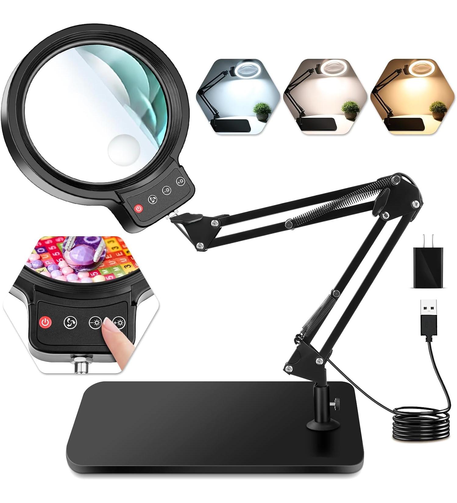 HQGZQL 10X 30X Large Magnifying Glass with Light and Stand 5-inch Lighted Magnifier 72 LED 3 Color Modes Stepless Dimmable Reading Craft Hobby Close Work Reading - Buy Online on GoSupps.com