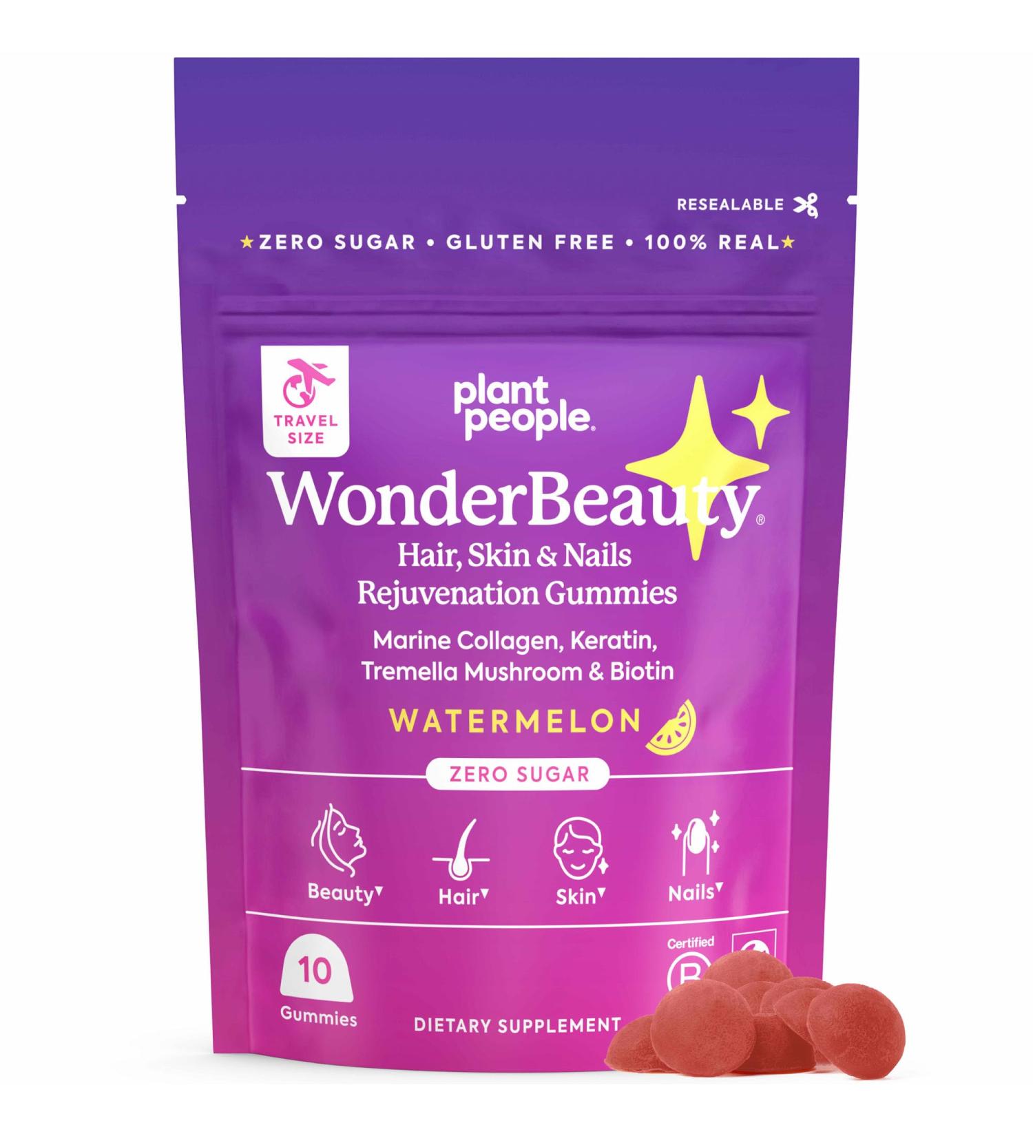 Plant People WonderBeauty Hair Skin & Nails Rejuvenation Gummies with Tremella Mushroom Marine Collagen Peptides Keratin & Biotin Watermelon Flavor 10 Gummies - Buy Online on GoSupps.com