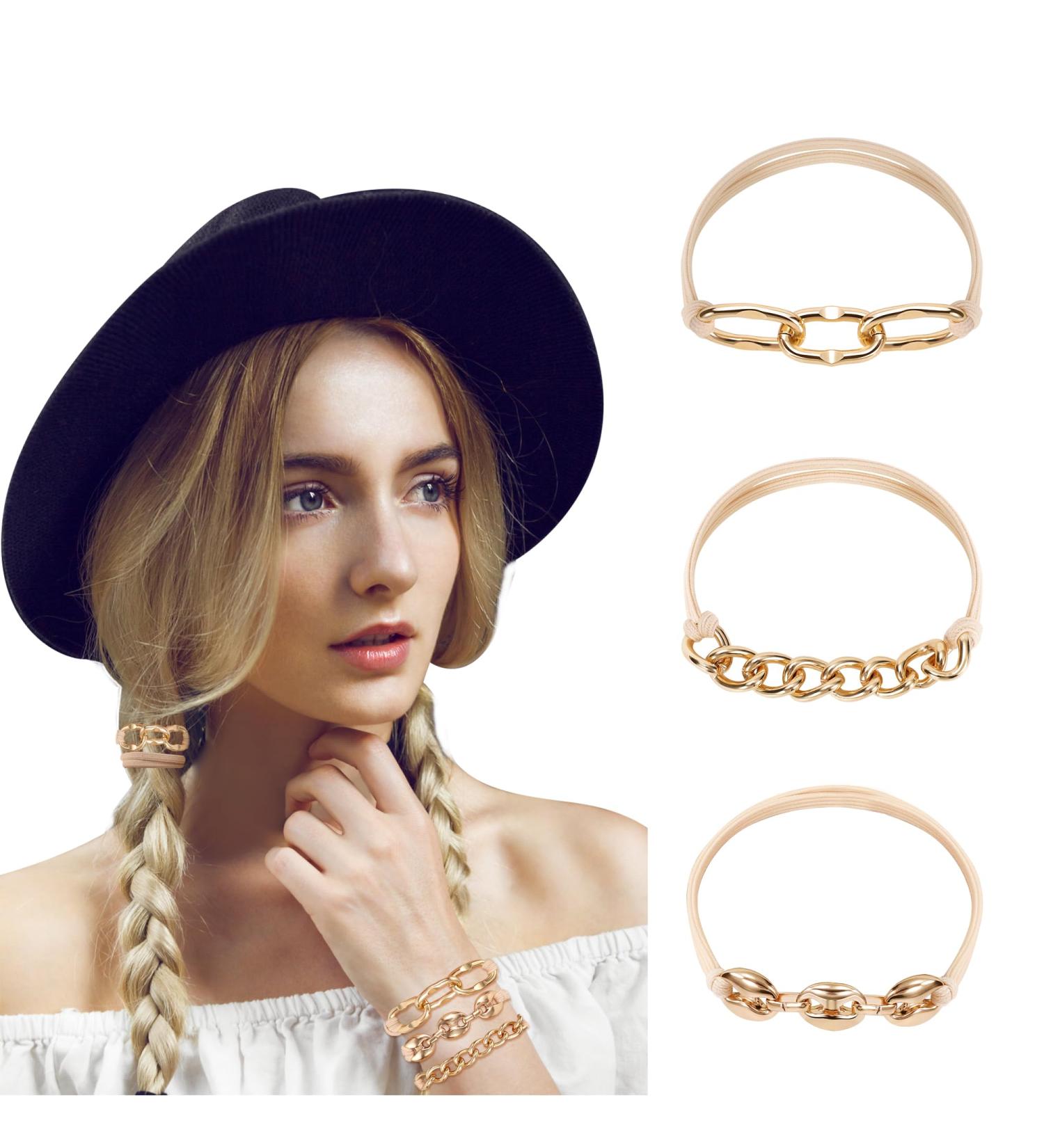 Bracelet Hair Bobbles with Set Girls Fashion Hair Accessories Set of 3 Gold - Buy Online on GoSupps.com