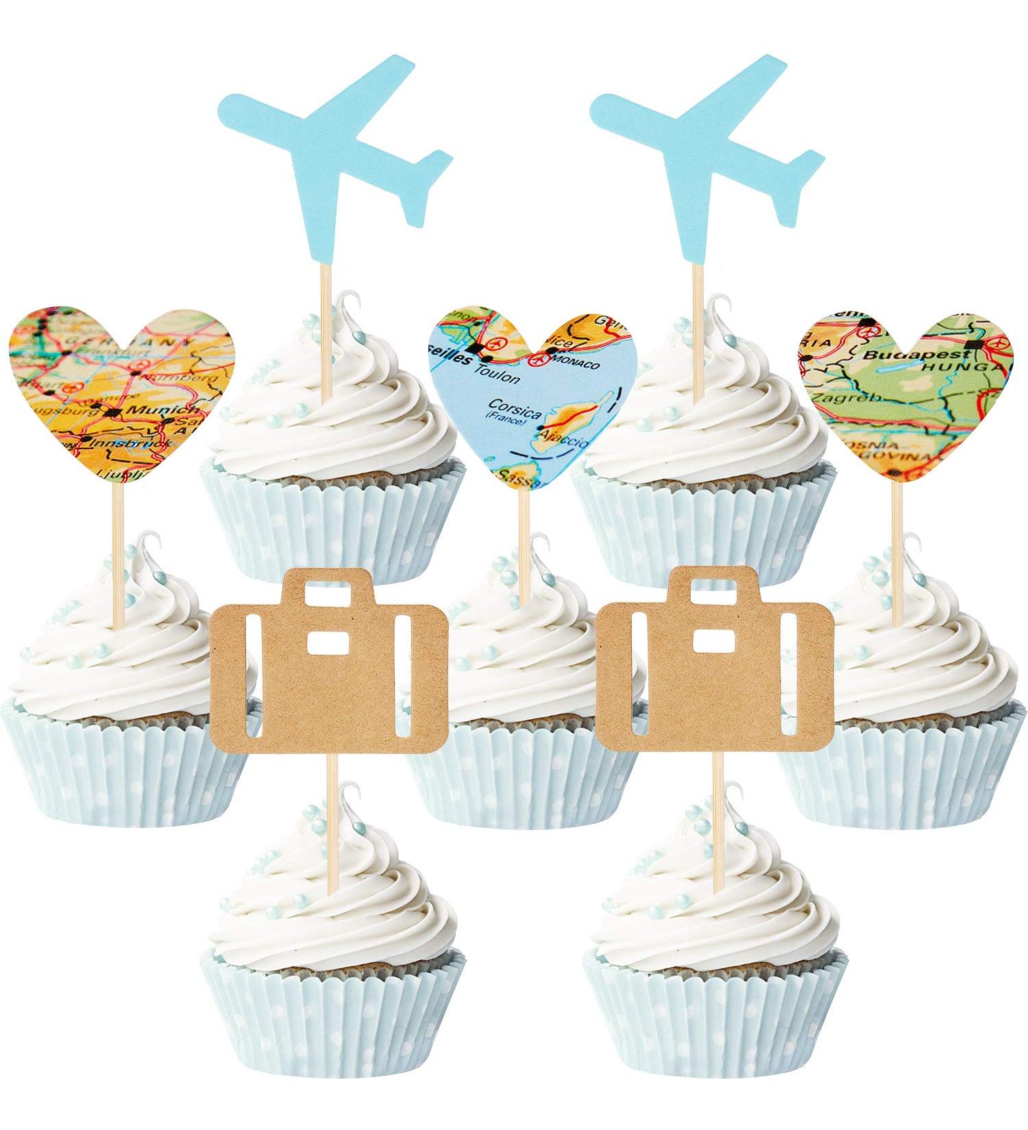 36 Pieces Travel Themed Cupcake Toppers Set Airplane Cupcake Toppers Map Heart Cake Toppers for Travel Themed Baby Shower Party Decorations (Blue and Brown) - Buy Online on GoSupps.com