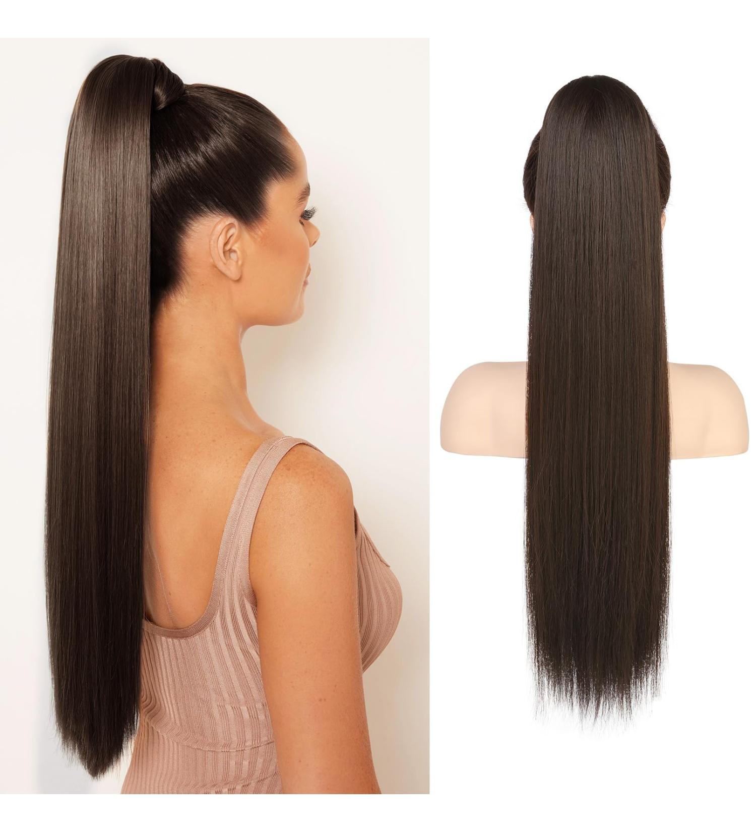 Flufymooz 66cm Dark Chocolate Brown Ponytail Extension - Curly Horse Tail Synthetic Hair for Women - Buy Online on GoSupps.com