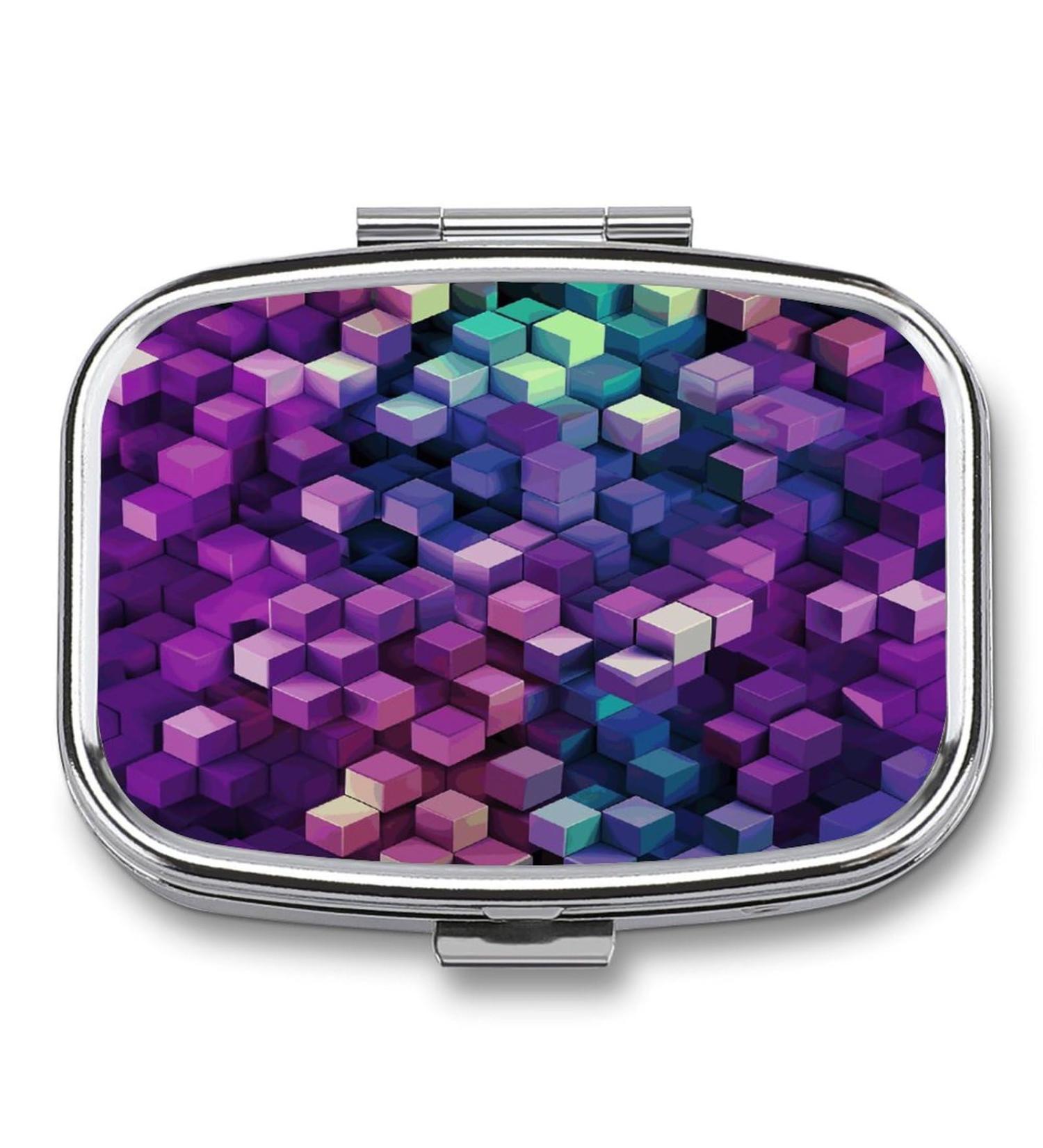 Abstract Color Cubes Purple Print Pill Box - 2 Compartment Decorative Metal Organizer for Pocket or Purse International Shipping Available - Buy Online on GoSupps.com
