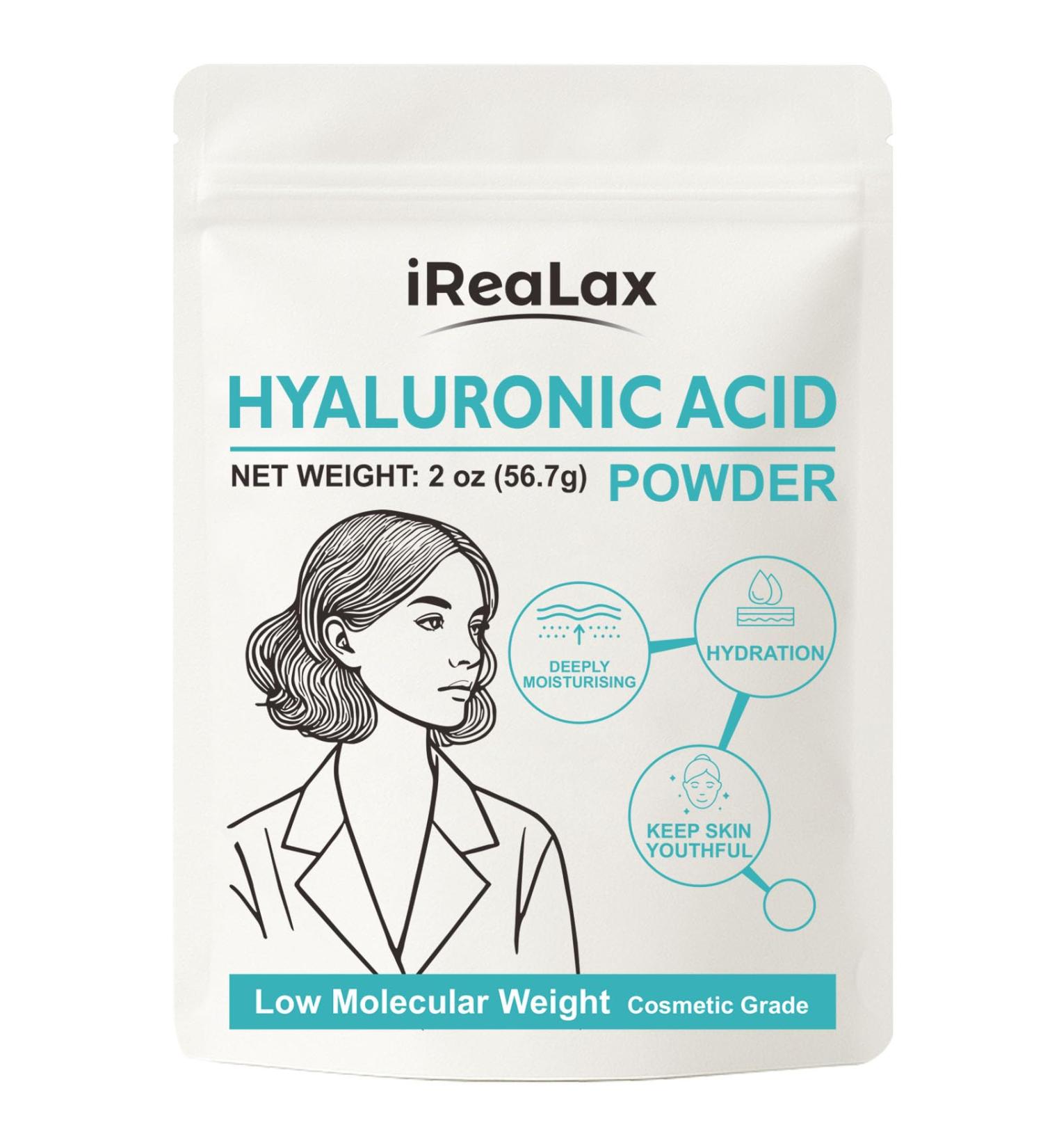 iReaLax Hyaluronic Acid Powder | Low Molecular Weight Hyaluronic Acid Serum Powder | 2oz (56.7g) Cosmetics Grade | Sodium Hyaluronate HA | LMW HMW Ingredients to Make Gel and DIY Serums - Buy Online on GoSupps.com