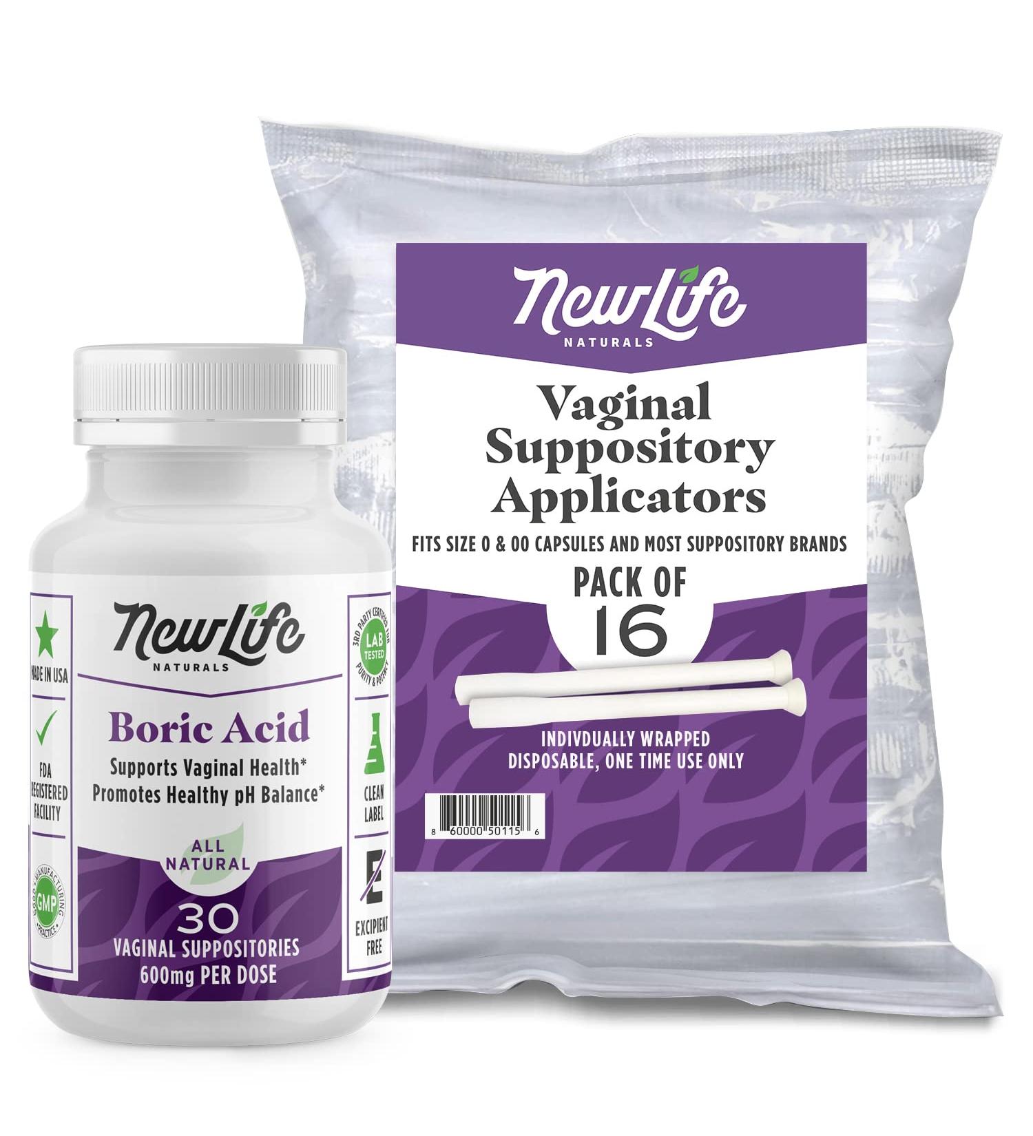 NewLife Naturals Boric Acid Suppositories 600mg w/Vaginal Applicators - 30 Suppositories & 16 Applicators - USA Made for Yeast Infection & BV - Buy Online on GoSupps.com