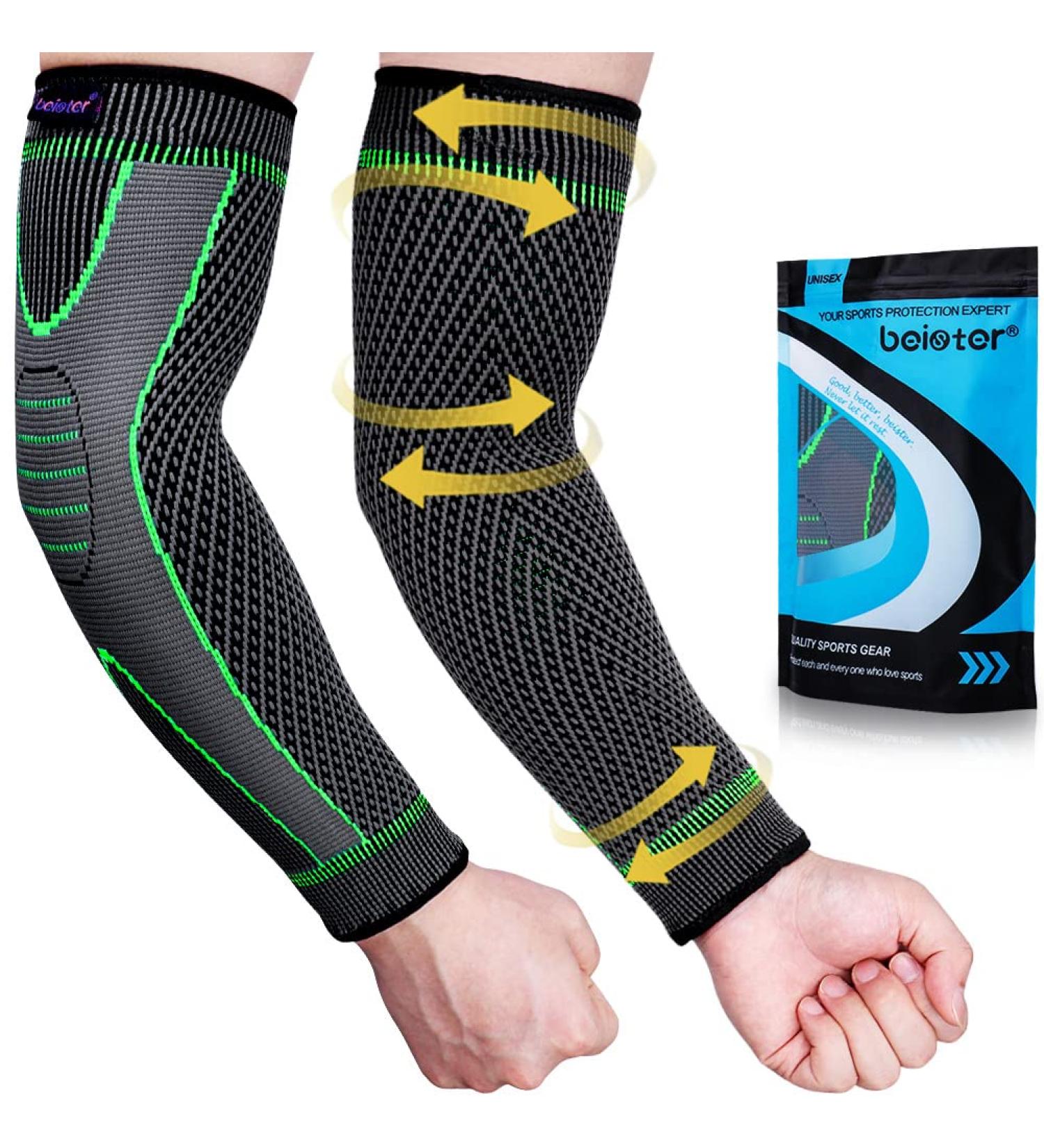 Beister Elbow Braces Compression Arm Sleeves 1 Pair | 20-30 mmHg Non-Slip Breathable Arm Support for Tendonitis, Tennis Elbow, Arthritis, Weightlifting | Men & Women | Green - Buy Online on GoSupps.com
