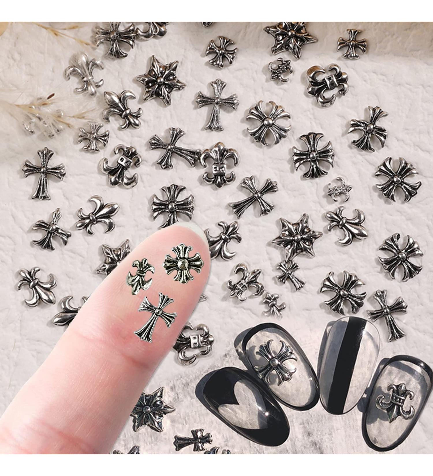 Nail Cross Charms 3D Heart Star Cross Gems - 60pcs Sliver Metal Punk Vintage Nail Art Supplies for Acrylic Nails - Buy Online on GoSupps.com