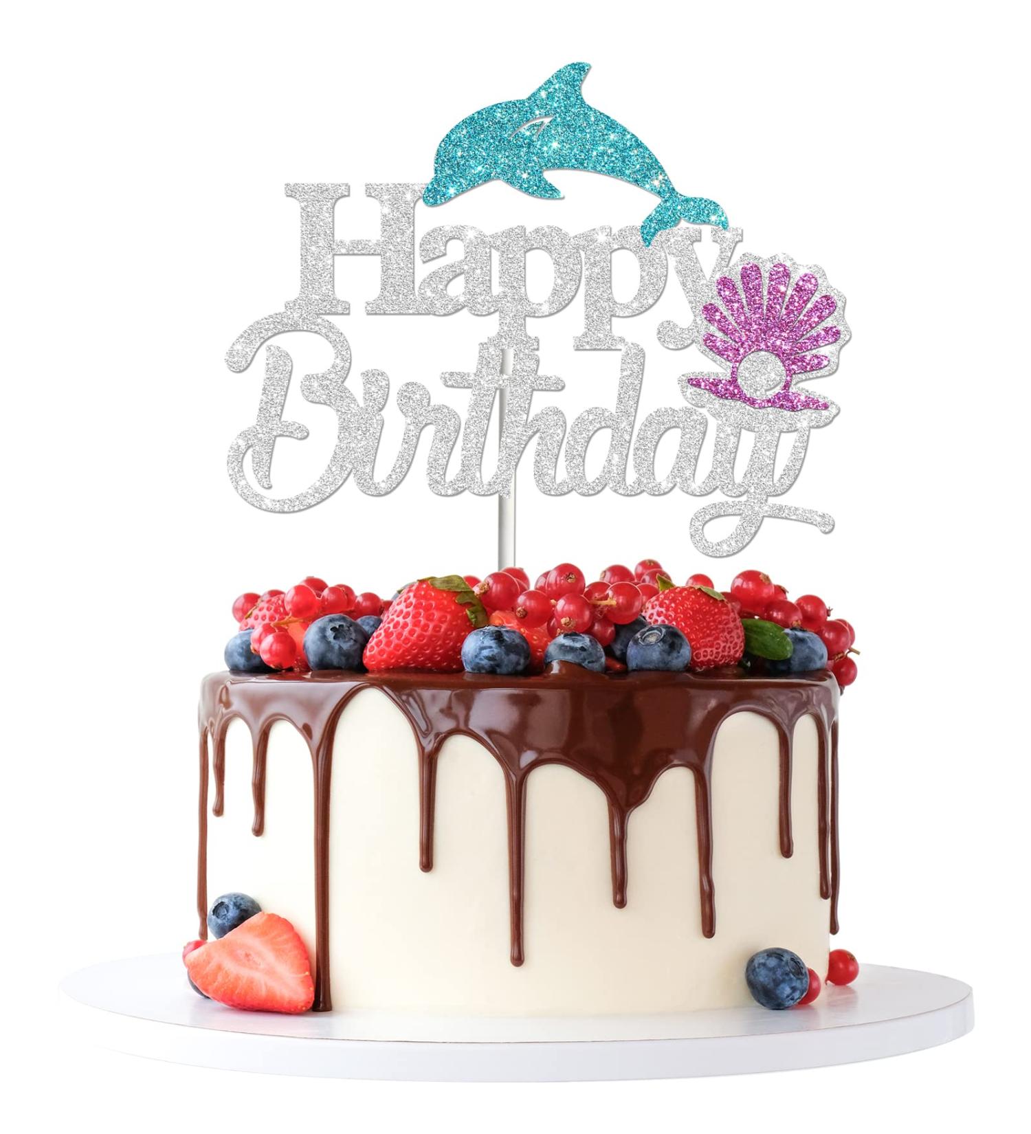 Tenhaisi Silver Glitter Happy Birthday Cake Topper - Under the Sea Theme Party Decorations Baby Shower 1st 2nd Decors Dolphin Sign Supplies - Buy Online on GoSupps.com