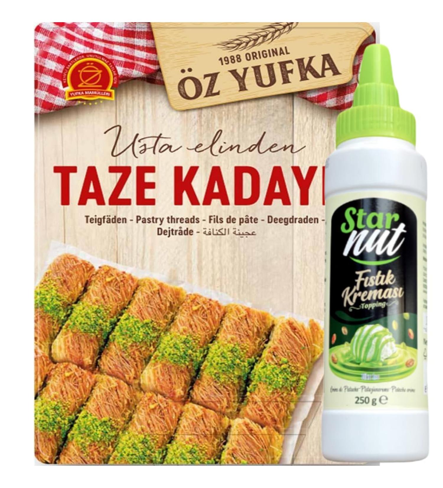 OZYUFKA Fresh Dough Yarn Kataifi Kaday f Shredded Fillo Paste Kadaifi Kadayif Taze Yarn for Chocolate Dubai 400g with Pistachios Cream 250g Tube - Buy Online on GoSupps.com