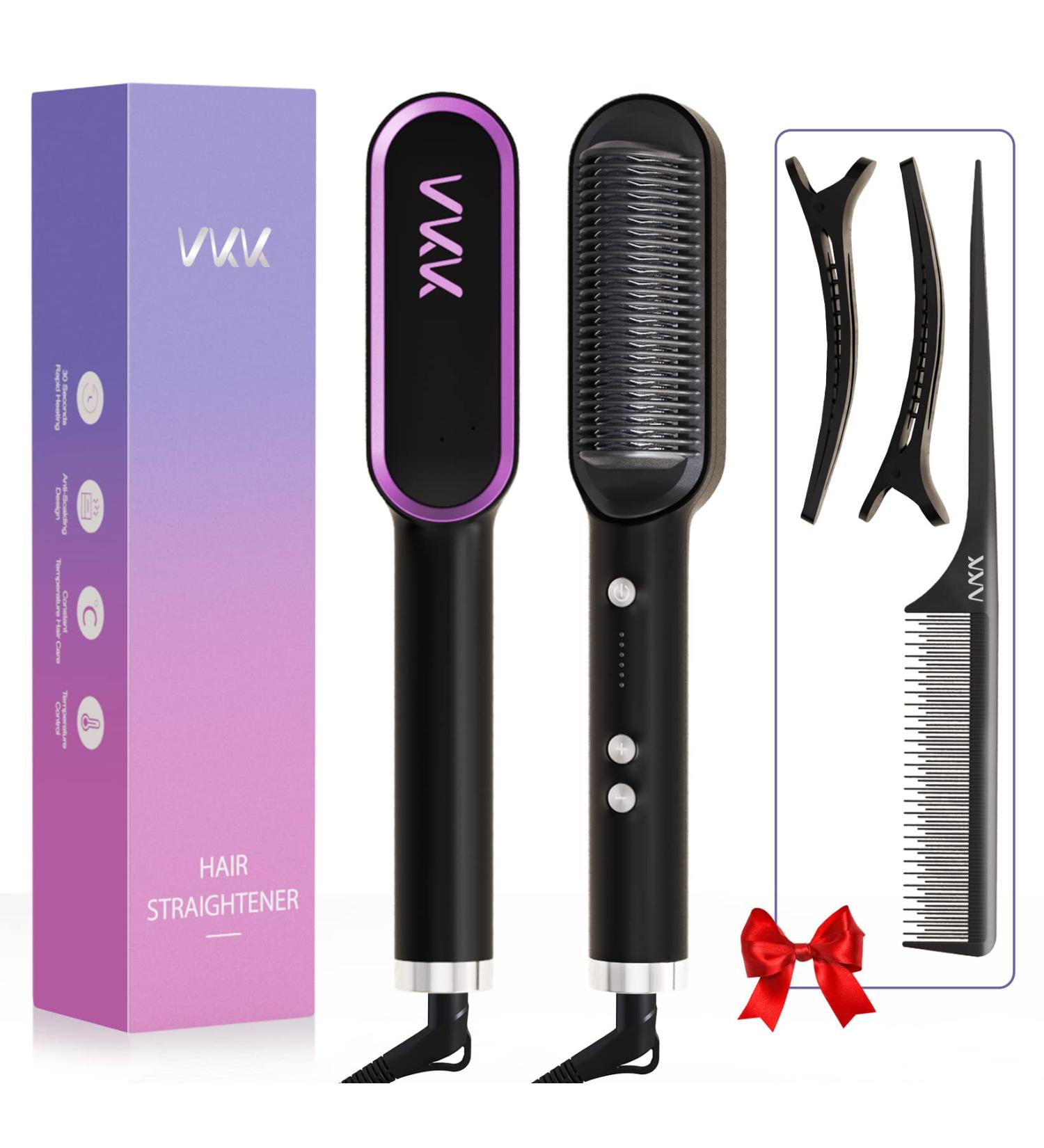 VKK Hair Straightener Brush - Fast Heating Smoothing Brush with 5 Temp Settings & Scalding Protection | Professional Hair Styling Tool - Black - Buy Online on GoSupps.com