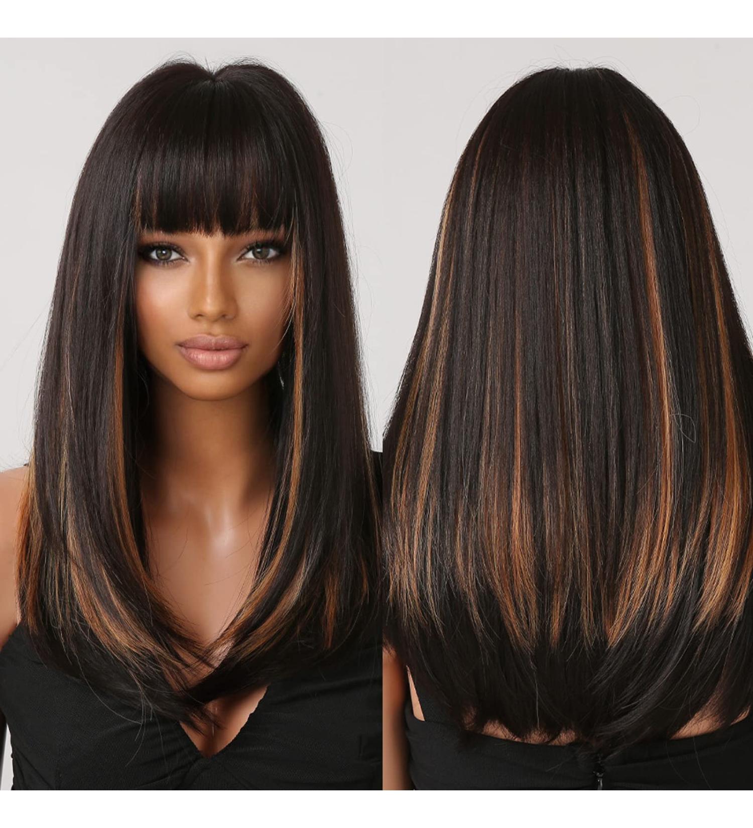 Long Black Wigs for Women - Shoulder Length Mixed Blonde with Bangs | Natural Synthetic Hair Replacement for Daily & Party Use - Style 2078-1 - Buy Online on GoSupps.com