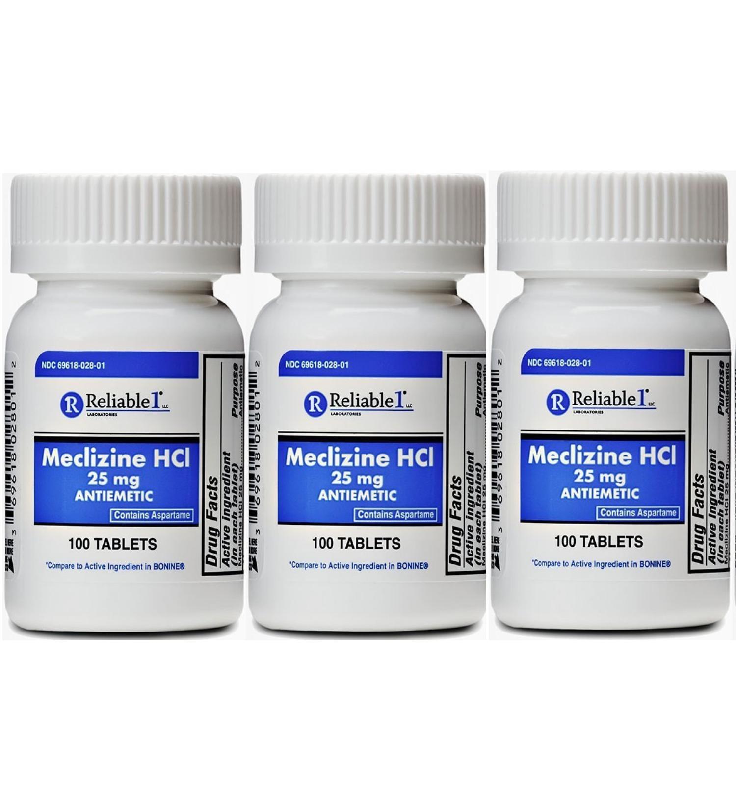 RELIABLE 1 LABORATORIES Meclizine 25 mg Generic Bonine Motion Sickness (100 Chewable Tablets 3 Bottles) - Prevent nausea vomiting and dizziness caused by motion sickness