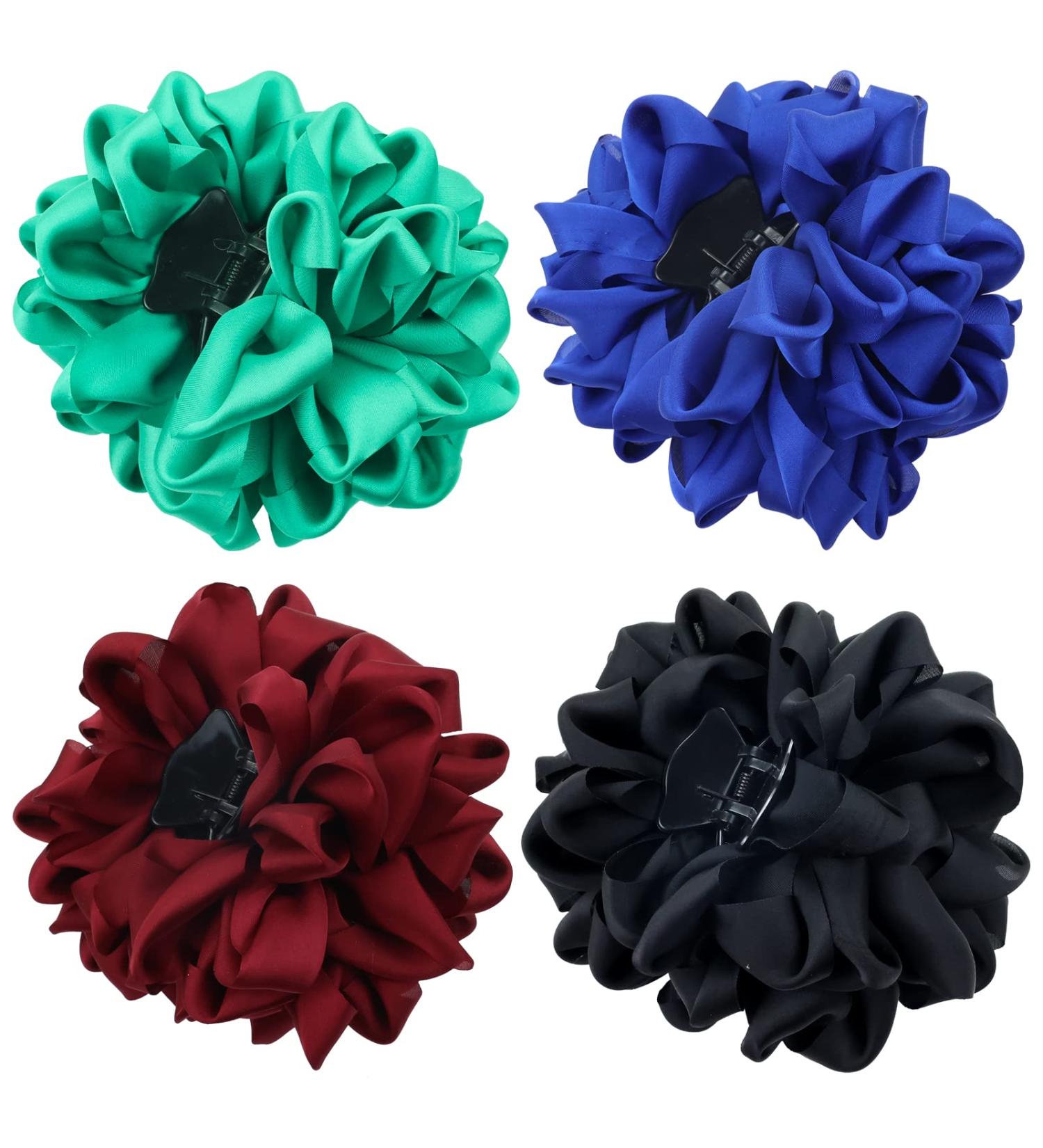 4 Pack Korean Ribbon Silk Chiffon Hair Claw Clips - Blue Black Burgundy Red Green Butterfly Octopus Large Rose Flower Bows - Women's Accessories - Buy Online on GoSupps.com
