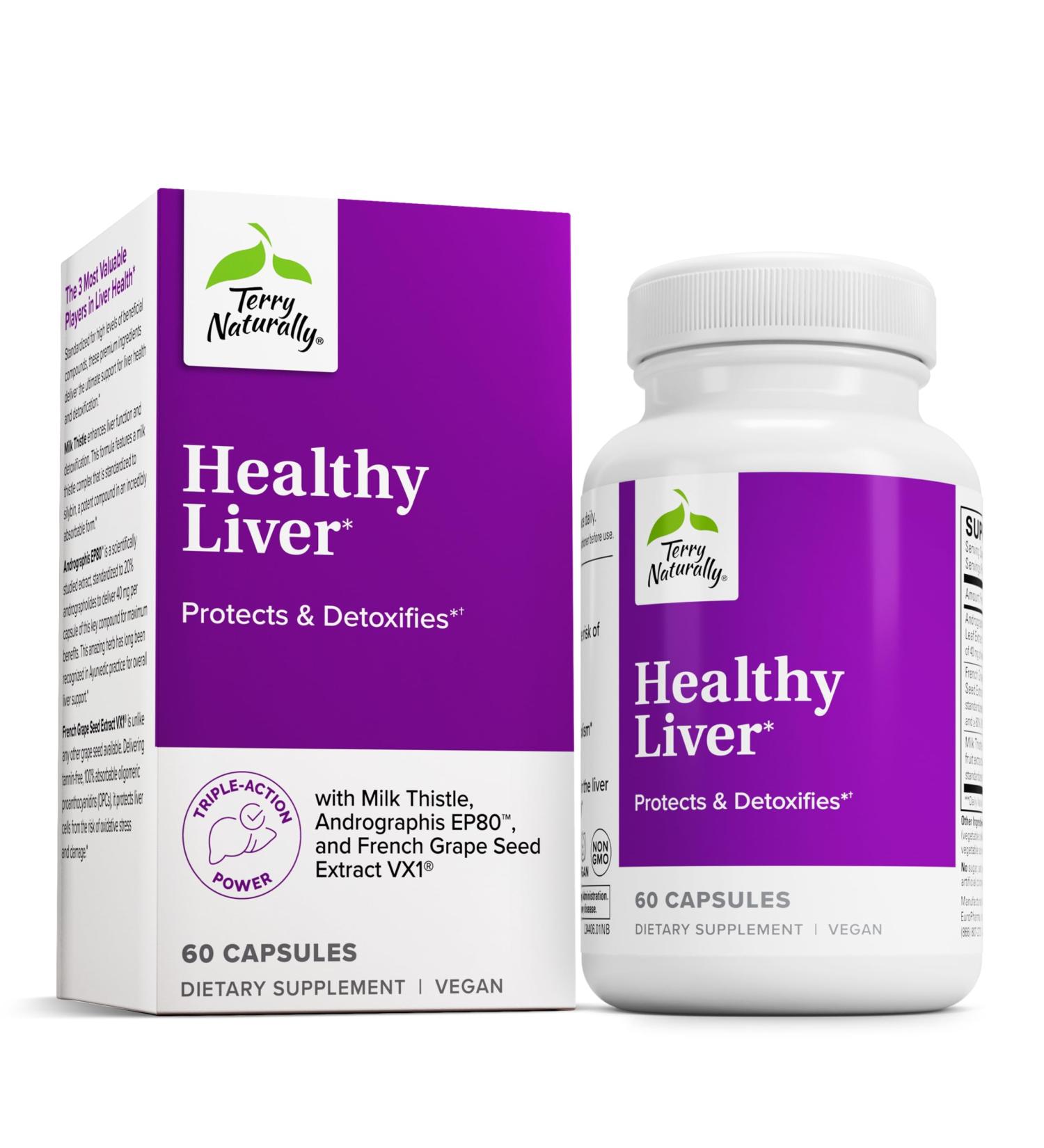 Terry Naturally Healthy Liver - Liver Function & Health Support Supplement - Cellular Health Support with Andrographis EP80 & French Grape Seed Extract - Gluten-Free Dietary Supplement - 60 Capsules - Buy Online on GoSupps.com