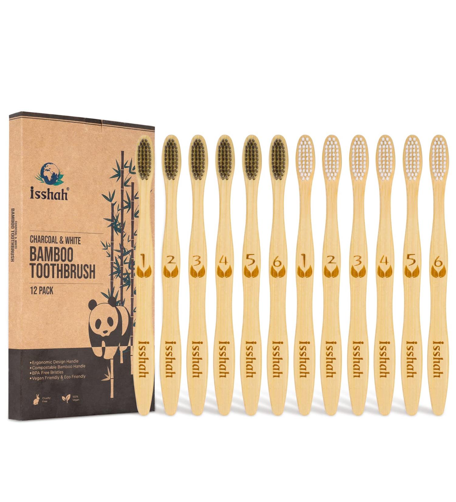 Isshah Biodegradable Eco-Friendly Natural Bamboo Charcoal Toothbrushes - 12 Pack - Buy Online on GoSupps.com