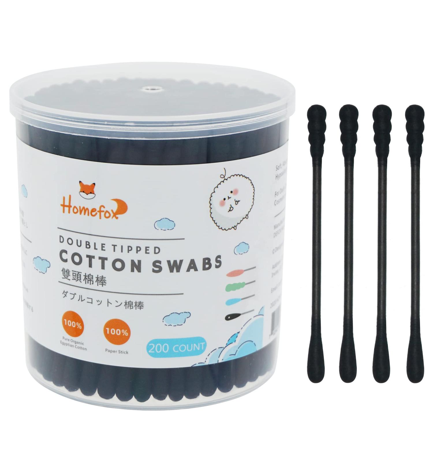 HOMEFOX Black Cotton Swabs - 200 Count Organic Double-Sided Charcoal Tips | Gentle & Chlorine-Free | Cruelty-Free | Round & Spiral Design - Buy Online on GoSupps.com
