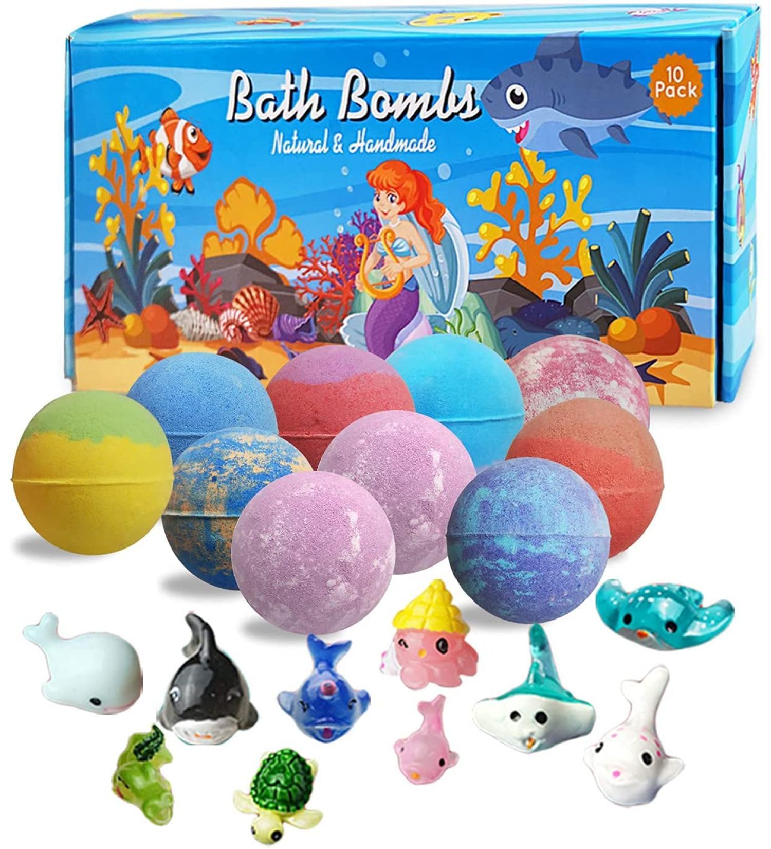 Kids Bath Bombs Set - 10 Organic Fizzies with Surprise Inside | Natural Essential Oils Bubble Bath for Girls, Boys | Ideal Christmas Birthday Gift (Ages 3 Months+) - Buy Online on GoSupps.com