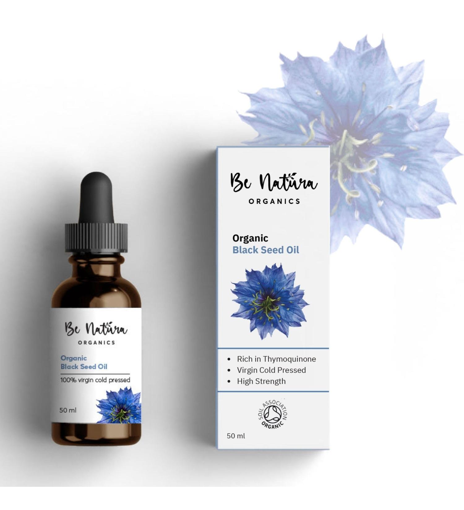 Be Natura Organics Pure Organic Blackseed Oil 50ml - Organic coldpressed Virgin Premium Quality of Nigella Sativa (Black Cumin Seed) | High Strength +2% Thymoquenine | Glass Bottle | Soil Association - Buy Online on GoSupps.com