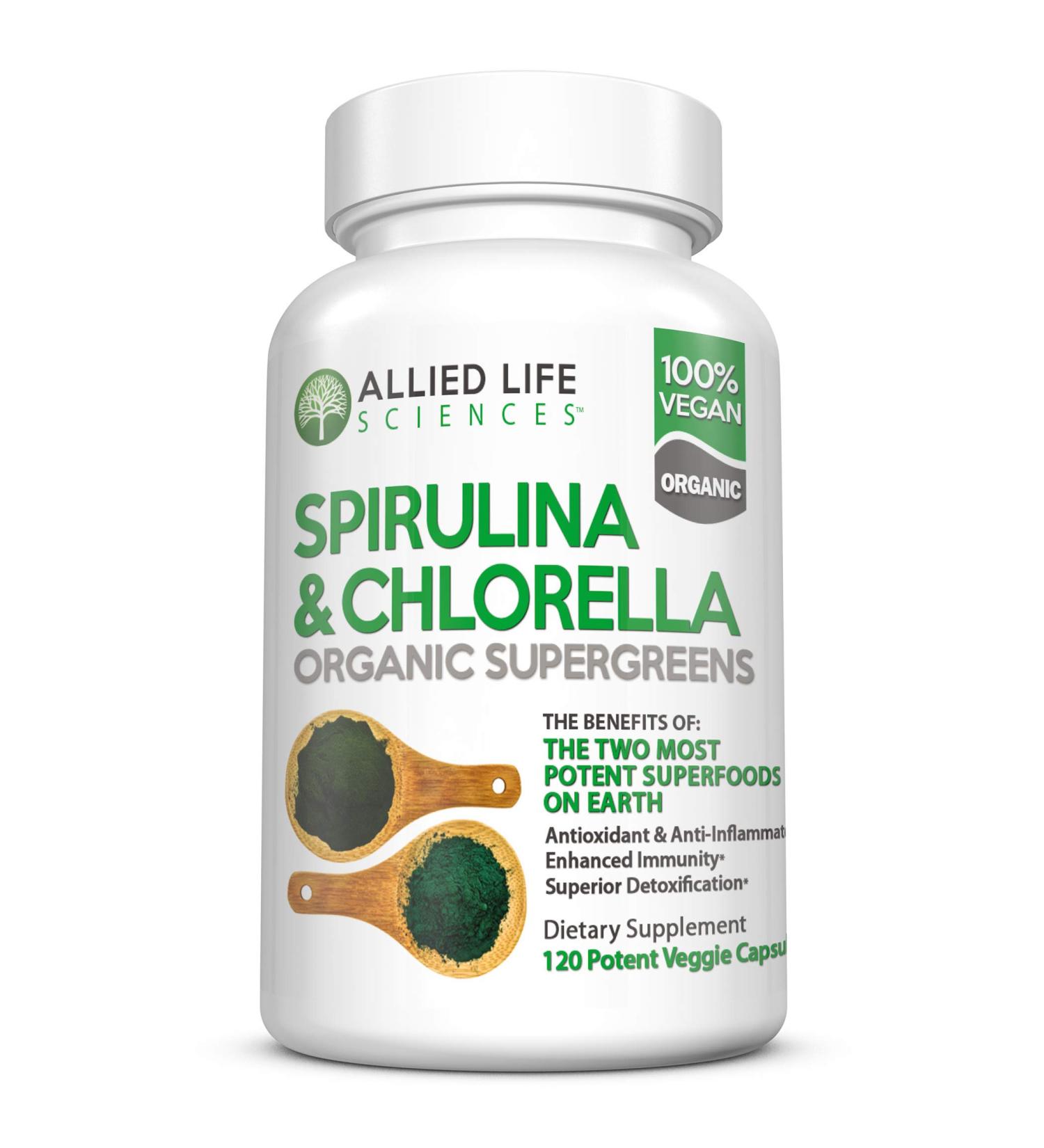 Allied Life Organic Spirulina and Chlorella Superfood Capsules - 120 Count Pack - Vegan Protein Powder with Chlorophyll - Green Superfood Supplement - Buy Online on GoSupps.com