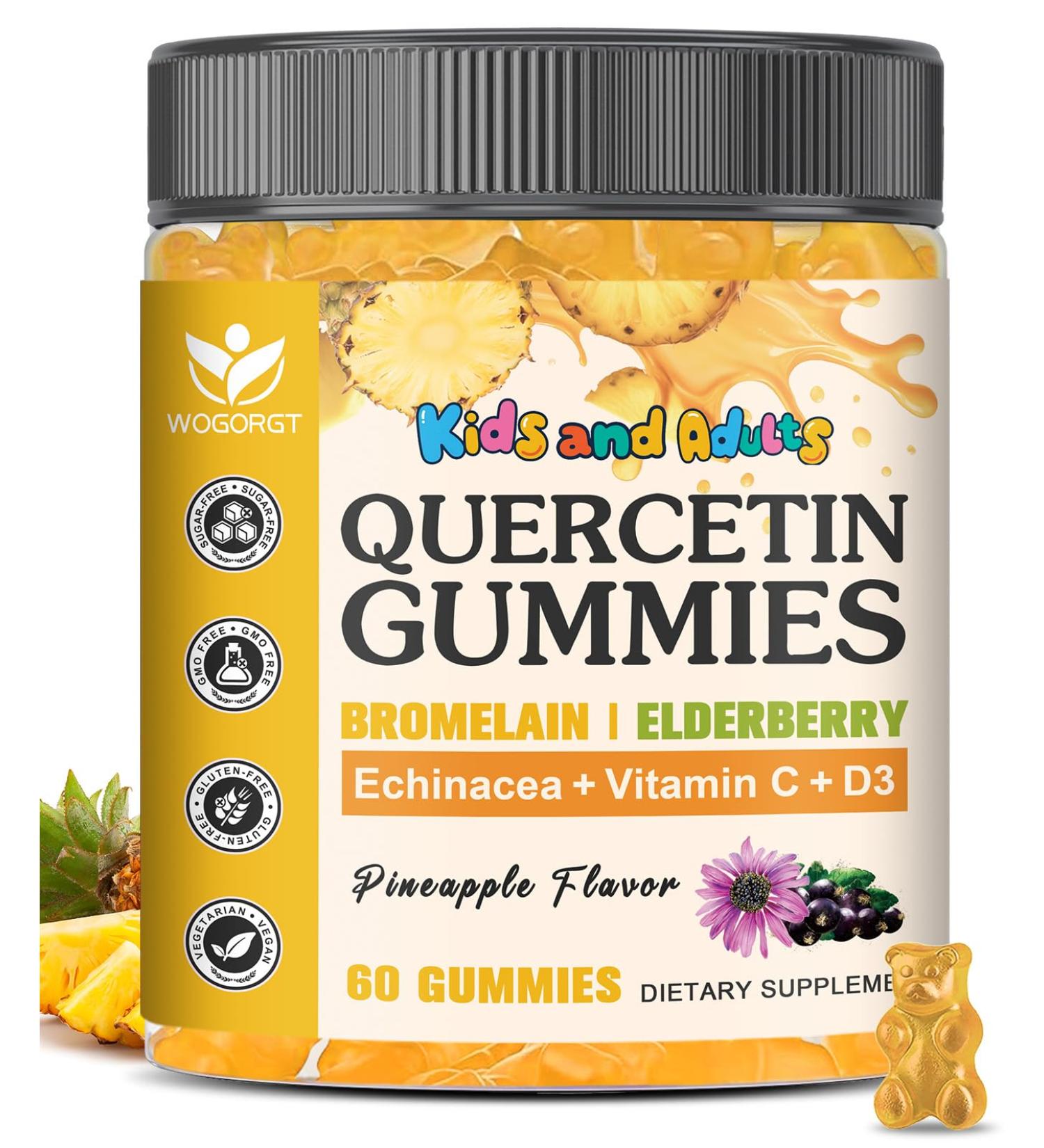 Quercetin Gummies with Bromelain for Adults & Kids - Immune & Seasonal Wellness Support, 800mg Quercetin with Bromelain, Zinc, Elderberry, Vitamin C & D3 - Sugar Free, Vegan, Pineapple Flavor, 60 Ct Pineapple 60 Count (Pack  - Buy Online on GoSupps.com