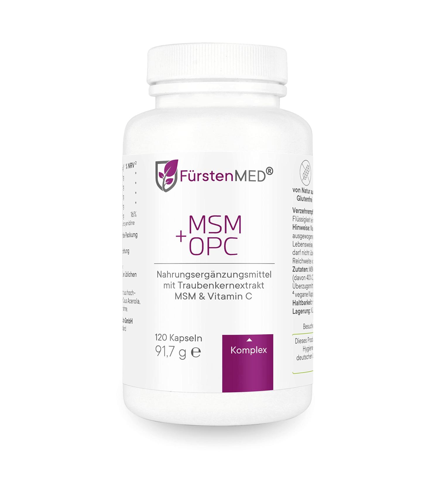 FürstenMED® MSM + OPC Capsules - Strong Antioxidant Supplement - Highly Dosed with 1710mg MSM, 450mg OPC & Vitamin C per Daily Dose - 120 Vegan Capsules - Buy Online on GoSupps.com
