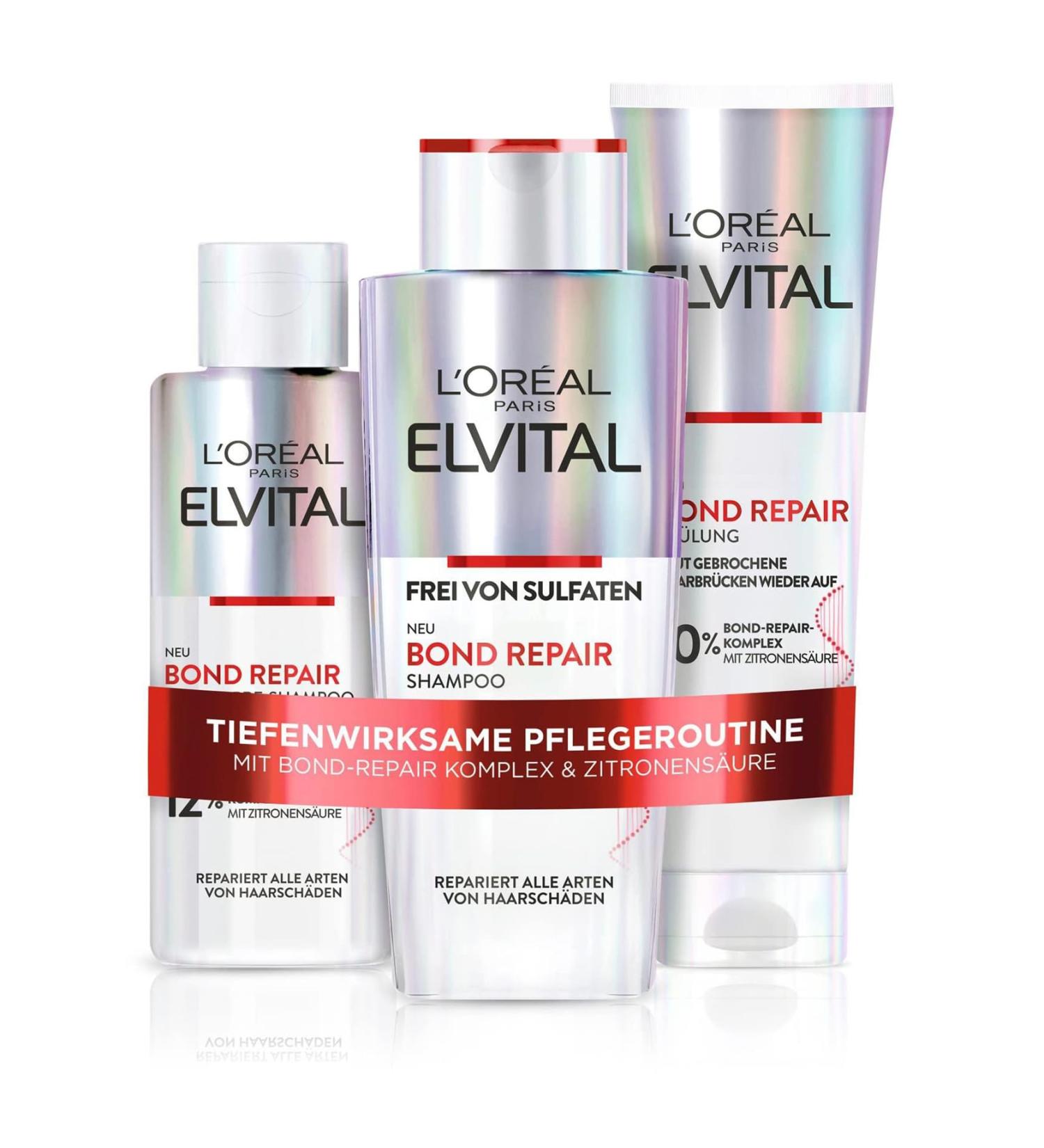 L'Or al Paris Elvital Hair Repair Routine - Shampoo Rinse & Pre-Shampoo Bond-Repair Complex 550ml - Strengthen Hair Reduce Breakage & Enhance Shine - Buy Online on GoSupps.com