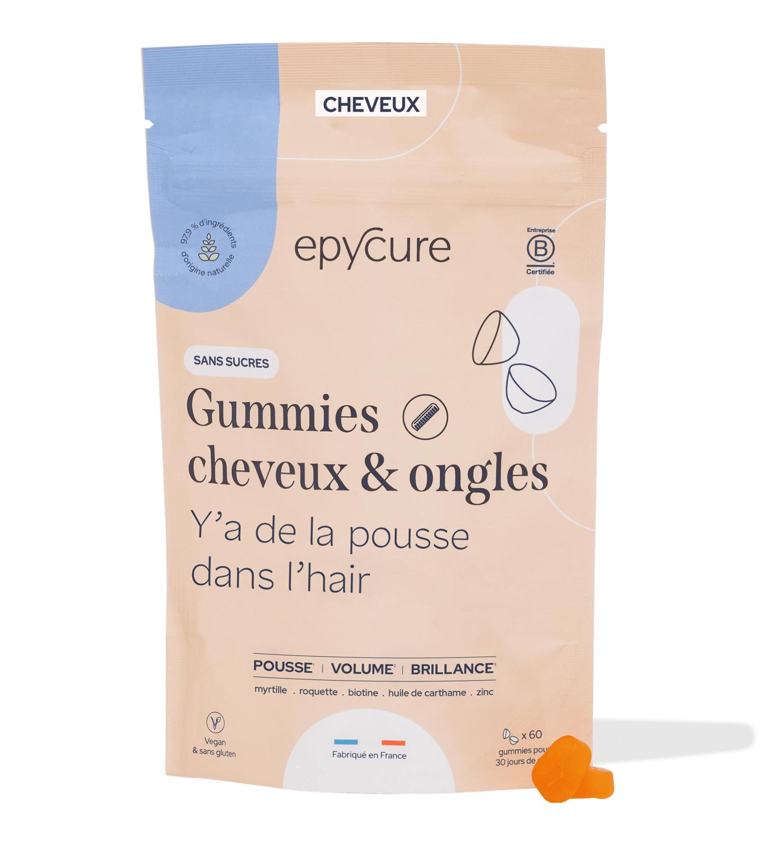 EPYCURE - Sugar Free Hair & Nail Gummies - Stimulates Growth Shine & Resistance - 97% Natural - Vitamins B6 B5 Biotin Safflower Seed - 1 Month - Vegan - Made in France - Buy Online on GoSupps.com