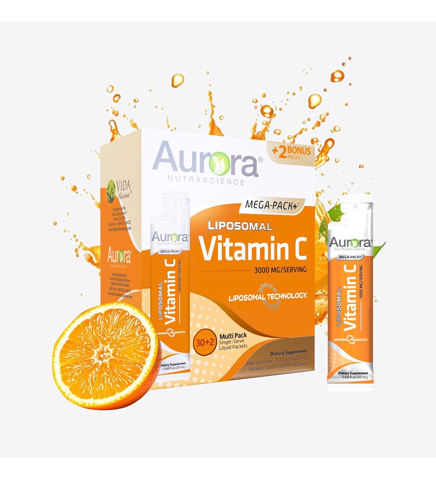 Aurora Nutrascience Liposomal Vitamin C Immune Support 3000 mg Serving Gluten Free 32 Single Serve - Orange - 21.7 Oz - Buy Online on GoSupps.com