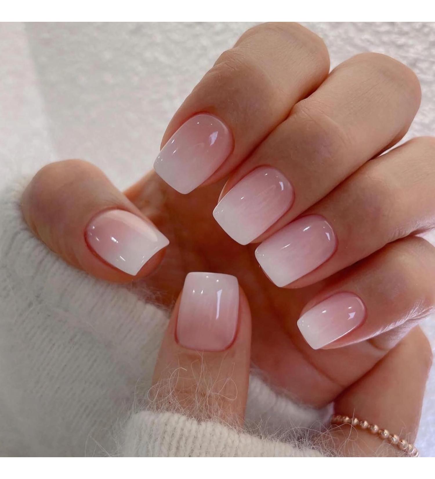 Square Press on Nails - Short Ombre Pink Faux Nails | Qsnidy French Glossy Acrylic Full Cover | Reusable Stick On Nails for Women & Girls - 24 Nails Kit in 12 Sizes - Buy Online on GoSupps.com
