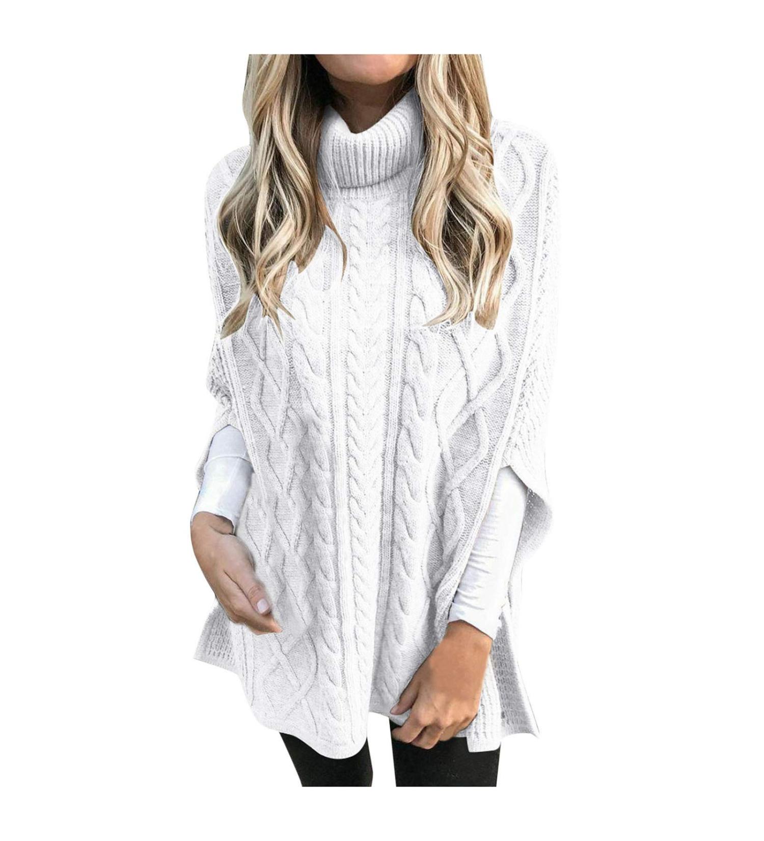 oelaio Women Turtleneck Sweaters Split Hem Pullover Knit Sweater Tops Cape Turtleneck Poncho Sweater Women White#1 Medium - Buy Online on GoSupps.com