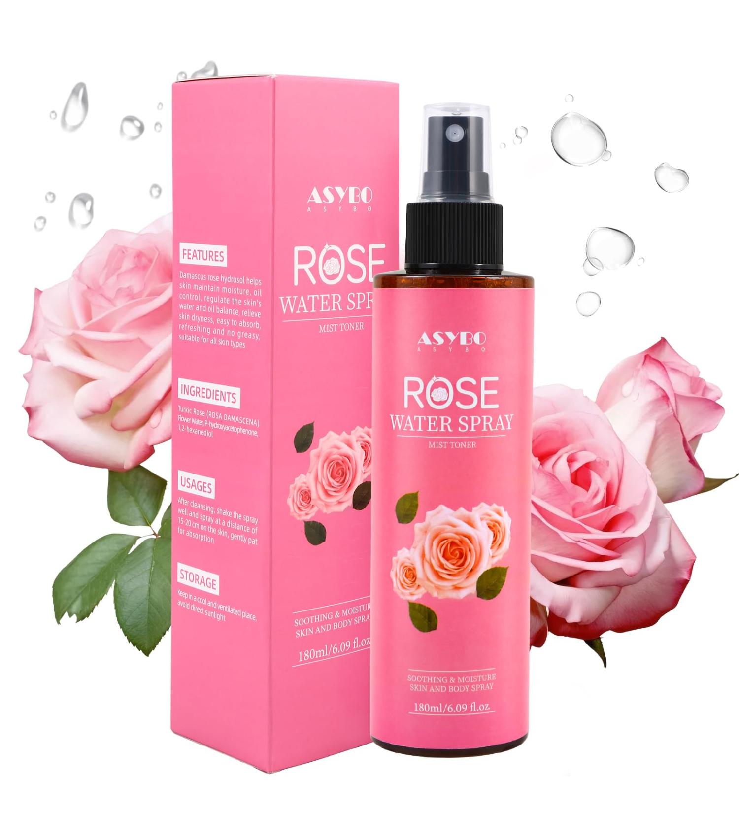  ASYBO Rosewater Spray 180ml 100% Pure Natural Damask Rose Spray for Face Body and Hair Facial Toner Soothing Rose Water Moisturizing Absorbs Quickly - Buy Online on GoSupps.com