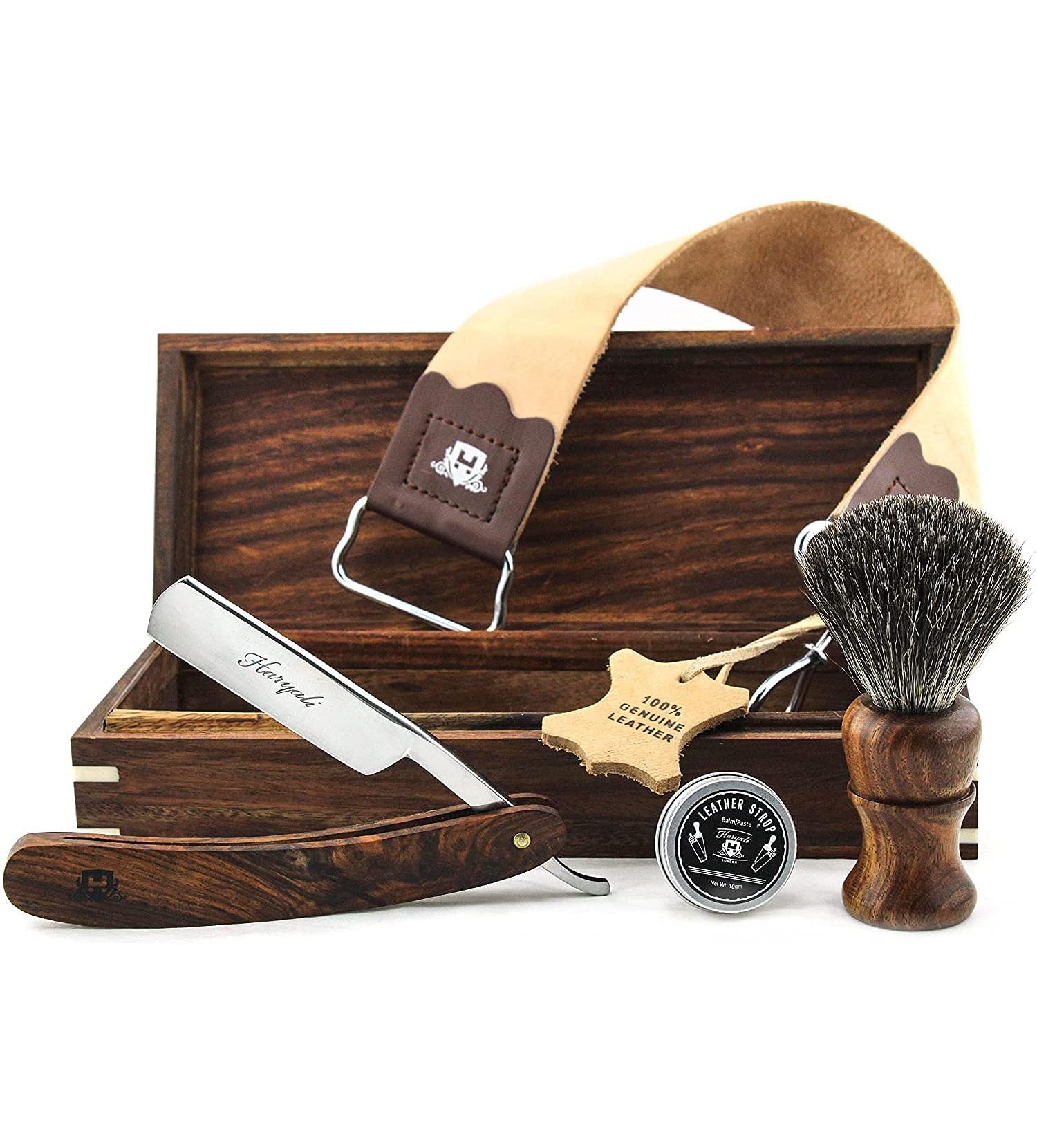 Vintage Barber Salon Luxury Shaving Kit | Straight Razor, Badger Hair Brush, Leather Strop & Honing Paste in Wooden Box - 5 Pc Set - Buy Online on GoSupps.com