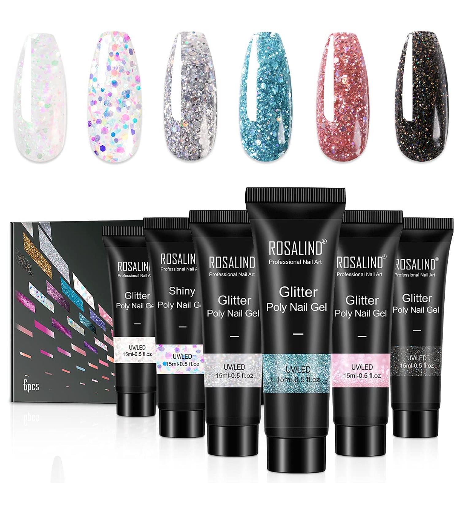 ROSALIND Blue Glitter Poly Nail Gel Set - 6PC 15ML Colors for Super Shiny Diamond Nail Extensions - Easy & Trendy Gel Nails for Beginners - Buy Online on GoSupps.com