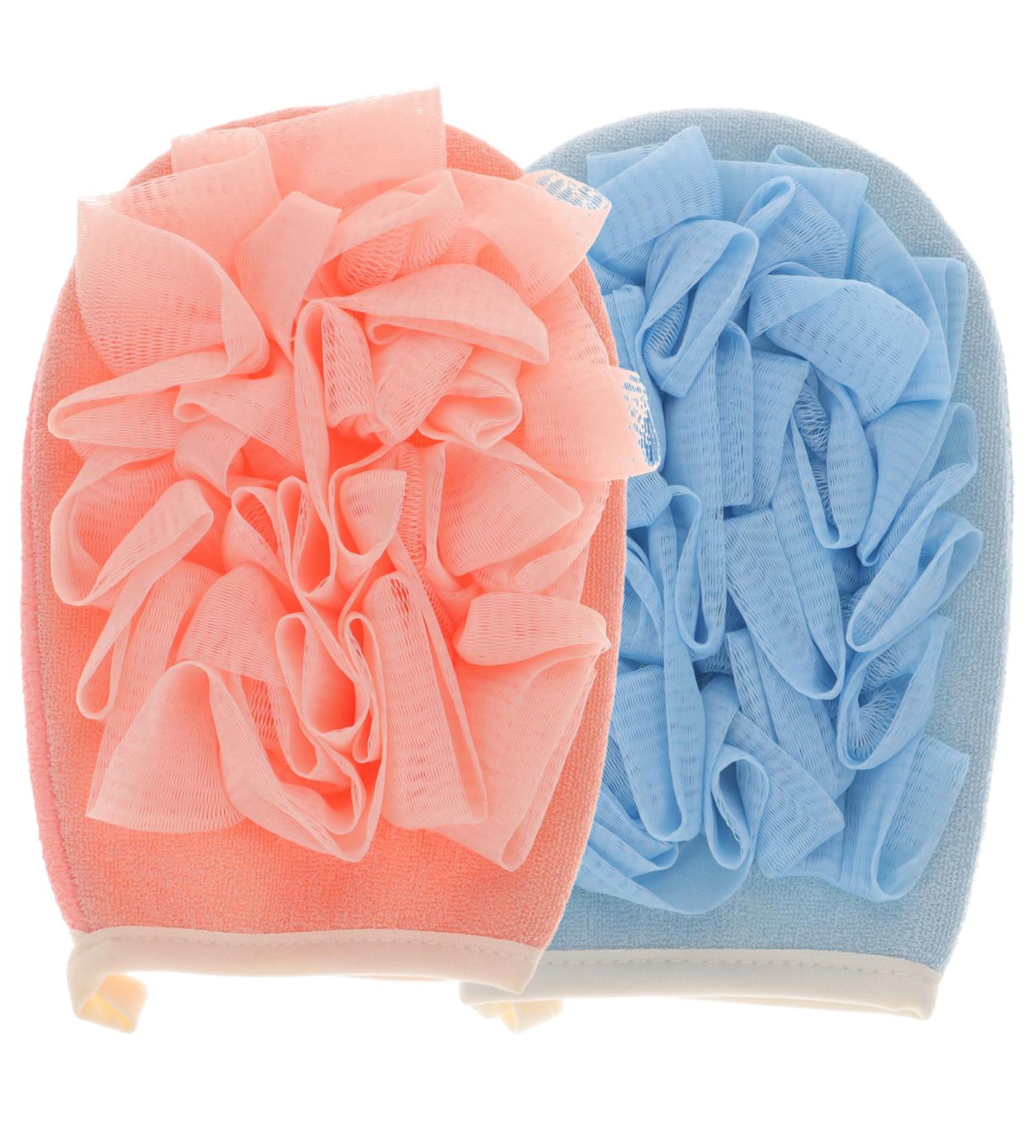 2pcs Exfoliating Gloves for Shower | Double-Sided Loofah | Blue & Pink - Remove Dead Skin & Enhance Your Skincare Routine - Buy Online on GoSupps.com