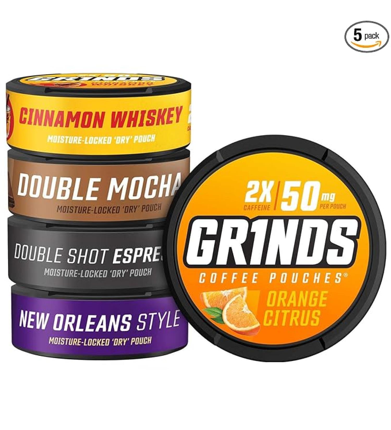 GRINDS Coffee Pouches 5-Pack | Double Mocha  Mint Choc  Double Shot Espresso  New Orleans  Orange Citrus | 2X Caffeine | Tobacco & Nicotine Free | 1 Pouch = 1/2 Cup Energy - Buy Online on GoSupps.com