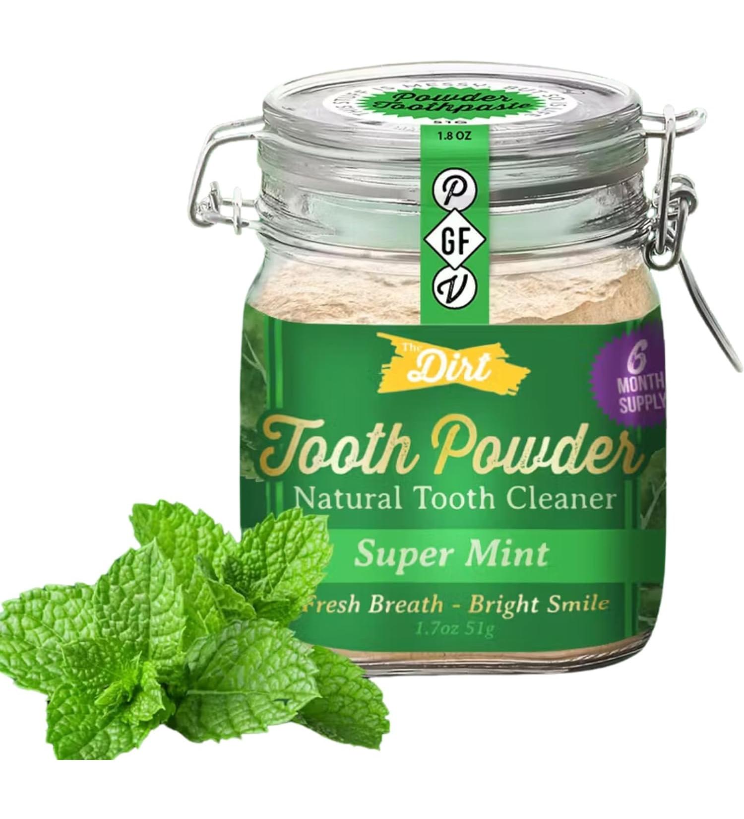 Organic Vegan Tooth Powder - Natural Fluoride-Free Super Mint Toothpaste Alternative with Herbs & Bentonite Clay - 51g 6-Month Supply - Buy Online on GoSupps.com