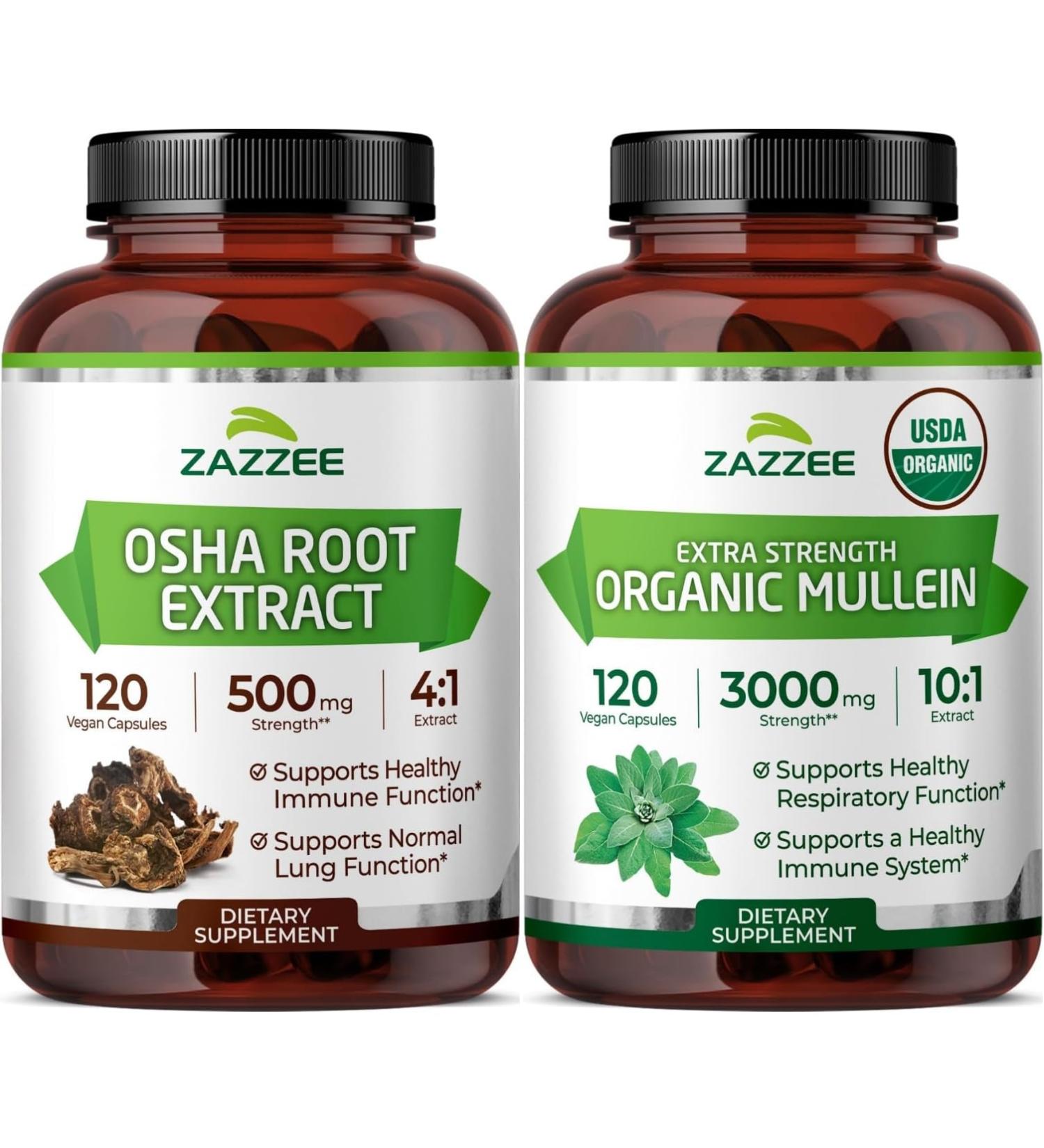 Zazzee Herbal Respiratory Lung Health Support Bundle | Organic Mullein Leaf Extract Plus 4:1 OSHA Root Extract Capsules | Non-GMO Vegan & ISO Lab Tested (120 Servings Each) - Buy Online on GoSupps.com