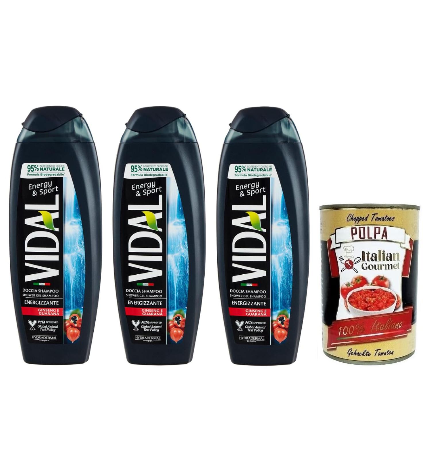  Italian Gourmet E.R. Vidal Energy & Sport Shower Shampoo with Ginseng and Guarana 250ml + Tomato Pulp 400g x 3 - Buy Online on GoSupps.com