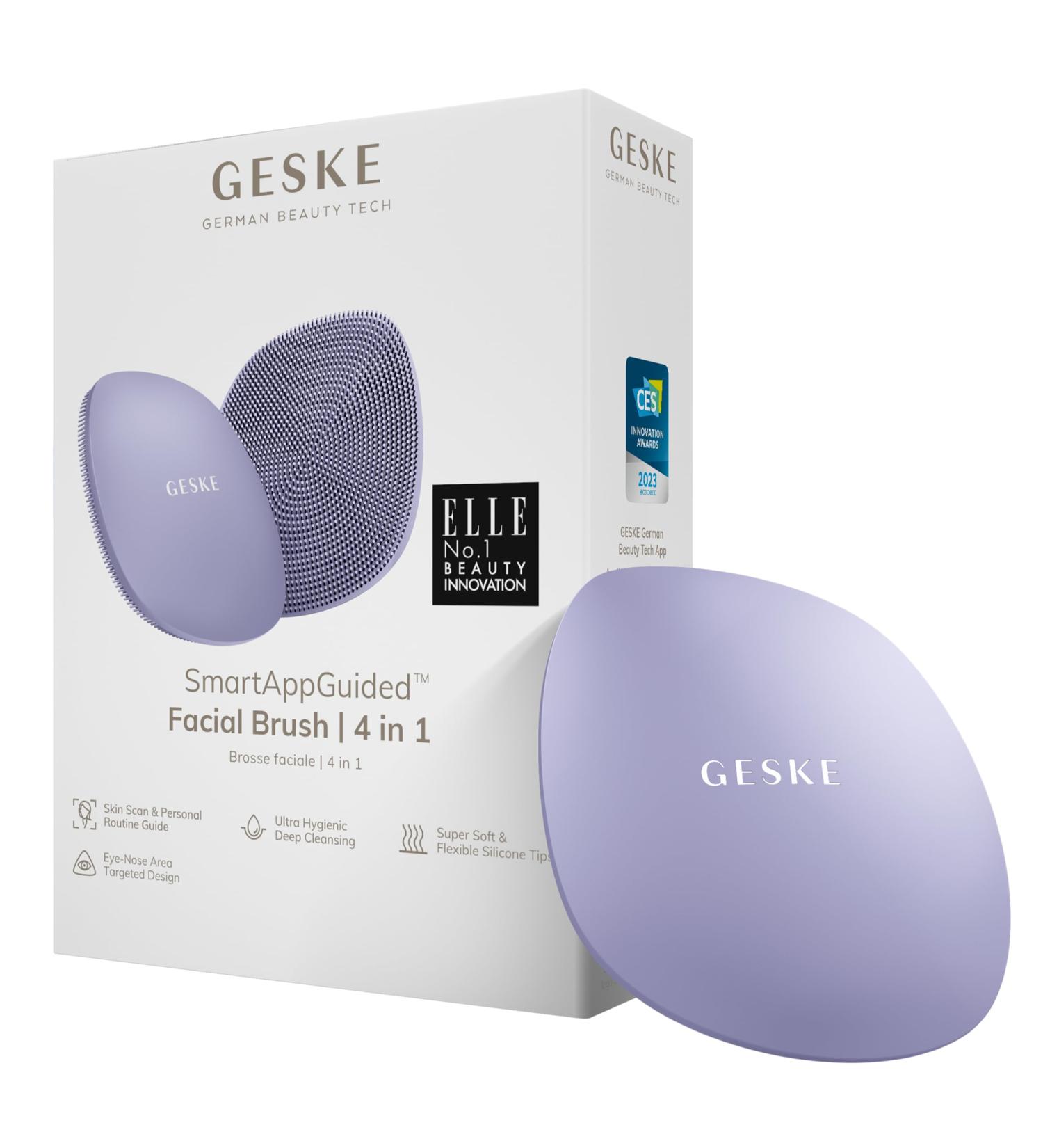 Geske SmartAppGuided Facial Brush 4 in 1 | Professional Silicone Face Cleaning Device | Soft Purple Facial Cleaning Brush for Radiant Skin - Buy Online on GoSupps.com
