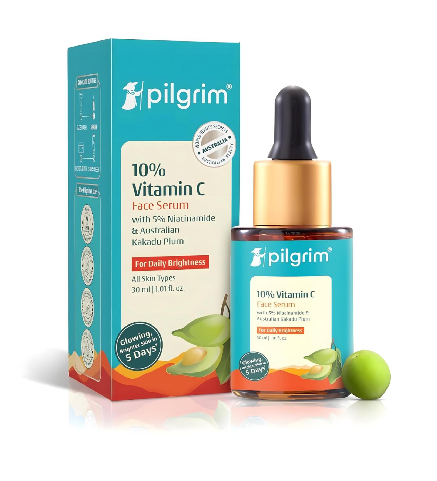 Pilgrim 10% Vitamin C Face Serum For Daily Brightness 30 ml | Face serum for glowing skin | Reduces Dark Spots & Evens Skin Tone | Fragrance Free | For Men and Women | All Skin Types | - Buy Online on GoSupps.com