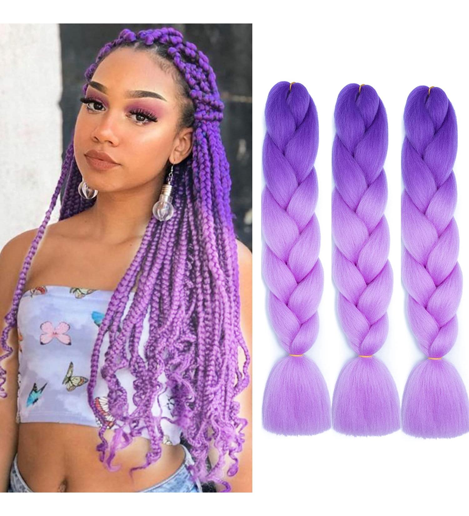 Eugenia Ombre Purple Braiding Hair Extensions - 24 Inch, Pack of 3 | High Temp Fiber Crochet Twist Braids - D&L Purple - Buy Online on GoSupps.com