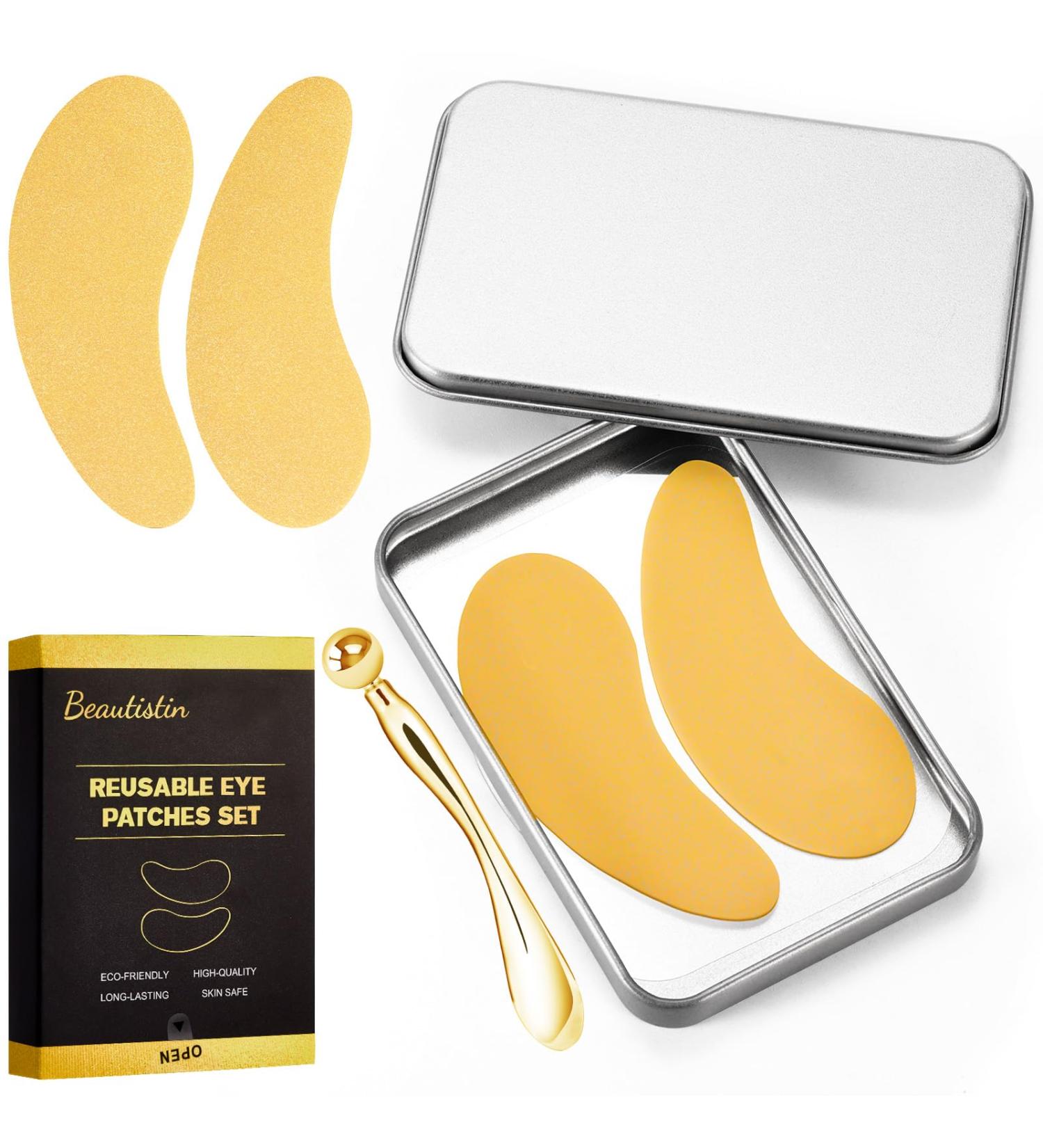 Buy Reusable Under Eye Patches - 2 Pairs Silicone Eye Wrinkle Masks with Metal Applicator & Tin Case - Gold - Buy Online on GoSupps.com