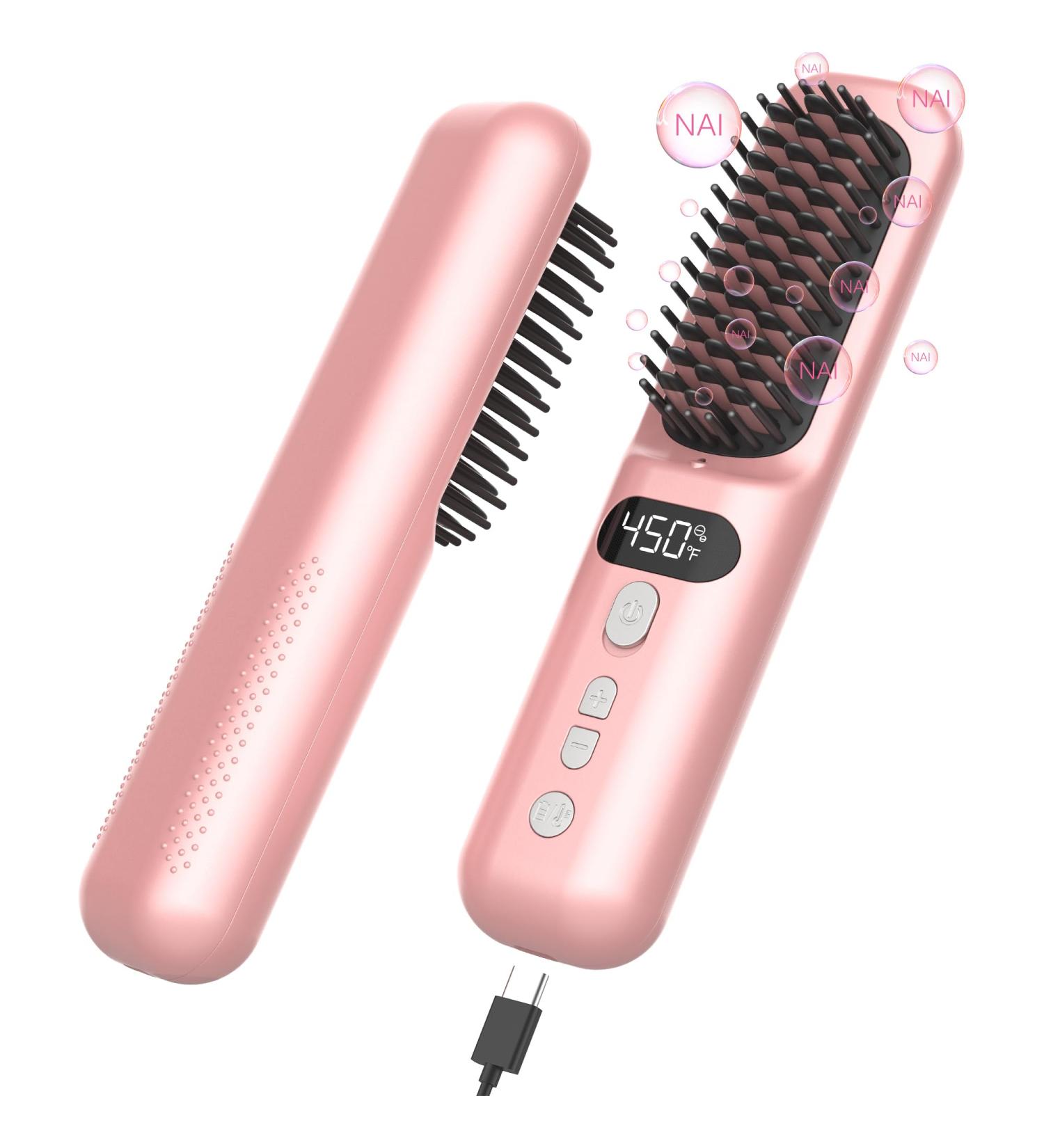 Wireless Hair Straightener Brush - Portable Mini Hot Comb with Titanium Ceramic & Negative Ion 9 Temp Levels 30Min Auto Shut-Off - Perfect for Travel - Pink - Buy Online on GoSupps.com