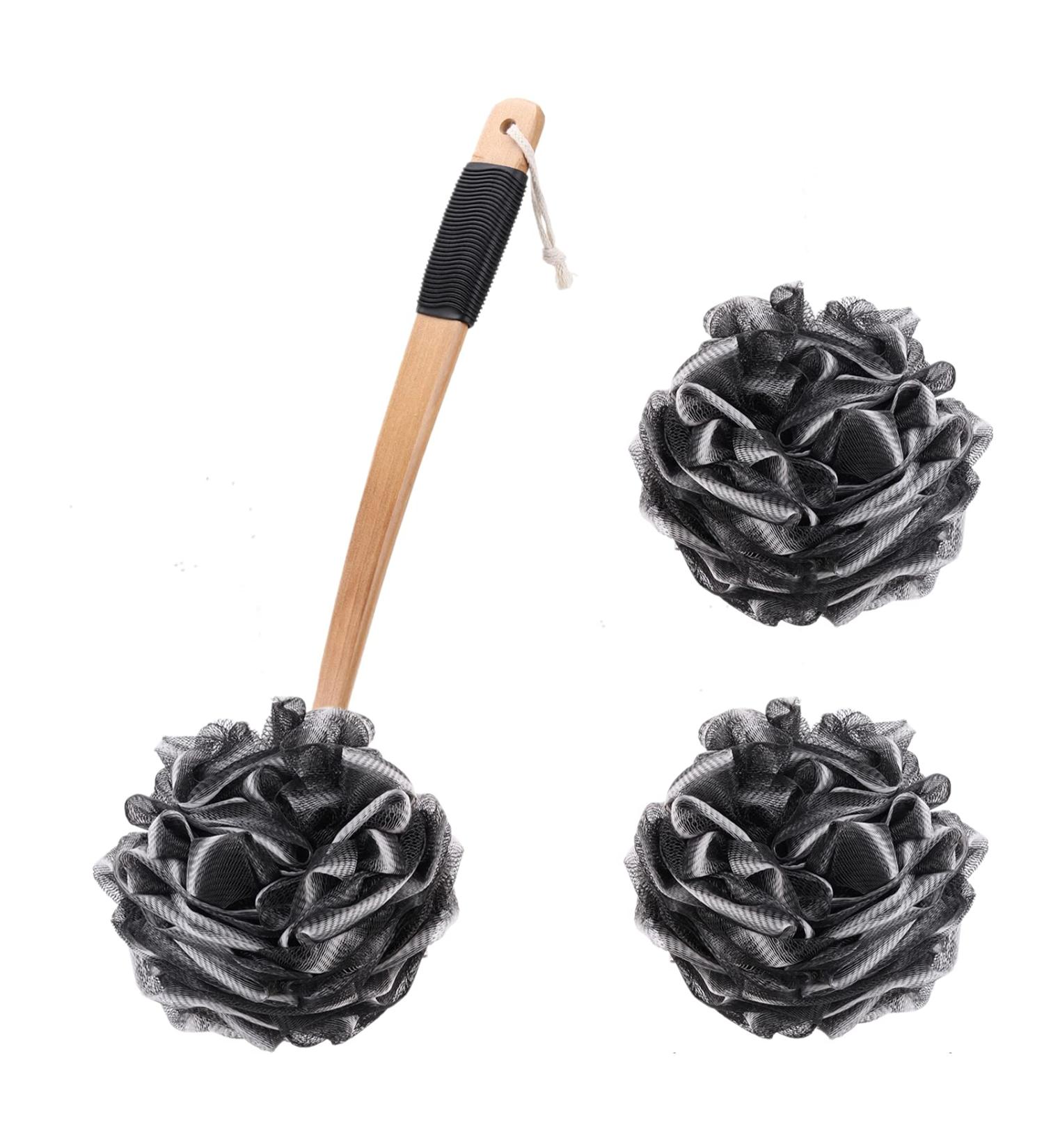 Long Handle Shower Sponge with Back Scrubber Brush, 2 Body Wash Puffs - Black Loofah Bath Sponges for Exfoliation | Men, Women, Elderly - Buy Online on GoSupps.com
