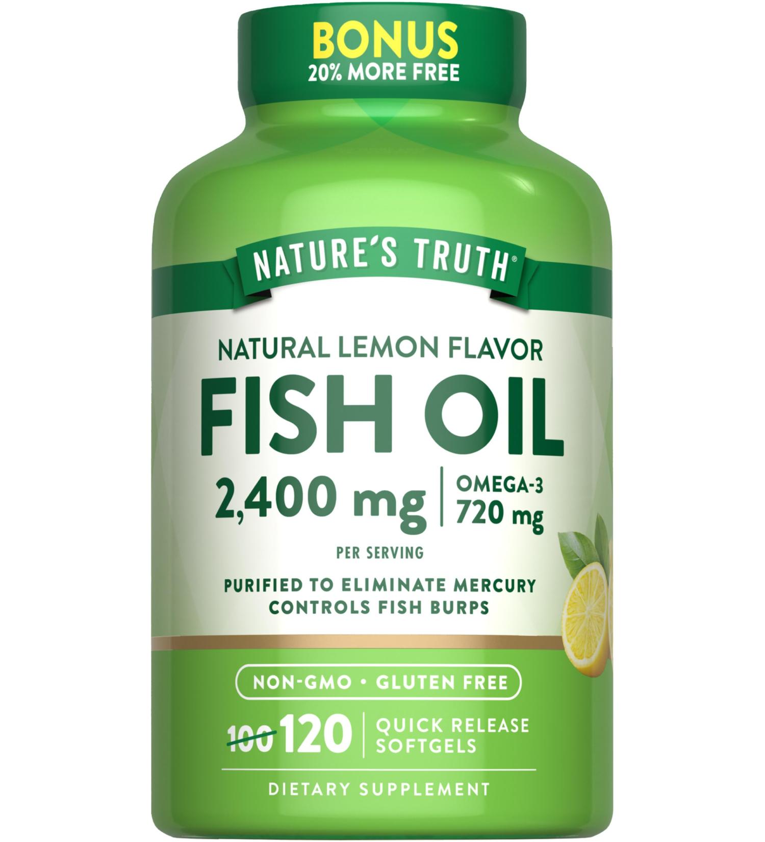Nature's Truth Fish Oil 2400mg | 120 Quick Release Softgels | 720 mg Omega 3 | Burpless Lemon Flavor Pills | Non-GMO & Gluten Free Supplement - Buy Online on GoSupps.com