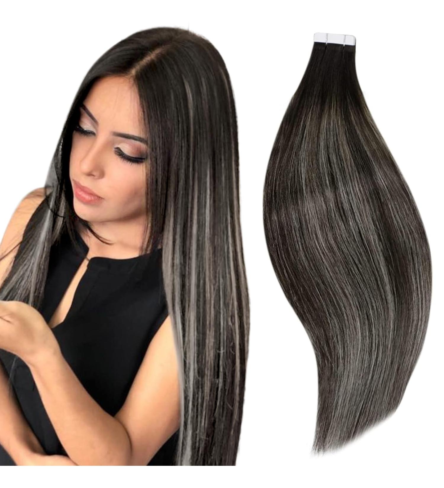 RUNATURE 16 Inch Black Ombre Silver Tape in Human Hair Extensions - 50g Real Human Hair Tape ins #1B/Silver - Buy Online on GoSupps.com