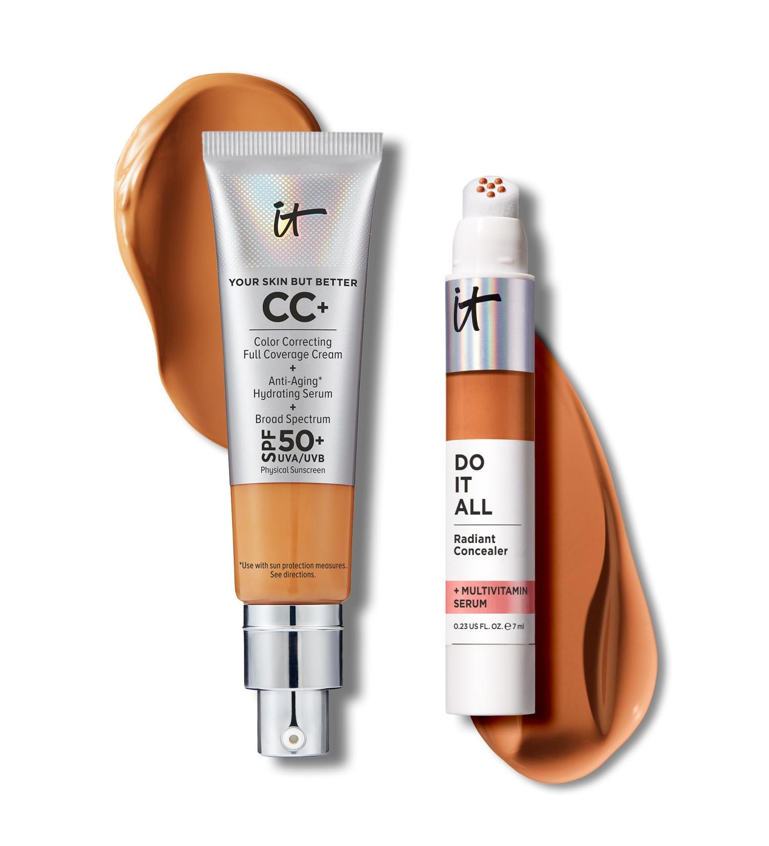 IT Cosmetics CC+ Cream with SPF 50+ Natural Finish Full Coverage Foundation (Tan Rich - 1.08 fl oz) & Do It All Radiant Concealer Multivitamin Serum Makeup (425 Tan Rich Cool - 0.2 fl oz) - Buy Online on GoSupps.com