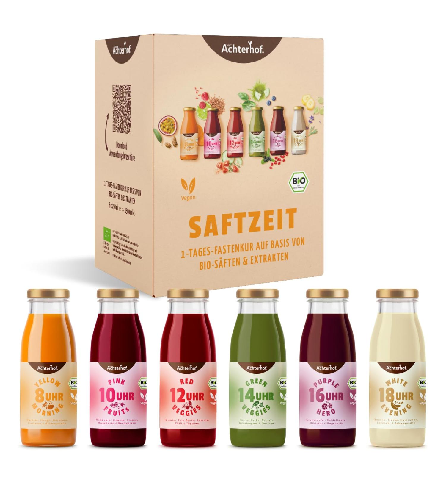 Safe Time 1-Day Fasting Cure Bio | 6 Bottles of Fruity-Sweet Fruit & Vegetable Juices with Herbal Extracts | Achterhof Saftzeit | International Shipping Available - Buy Online on GoSupps.com